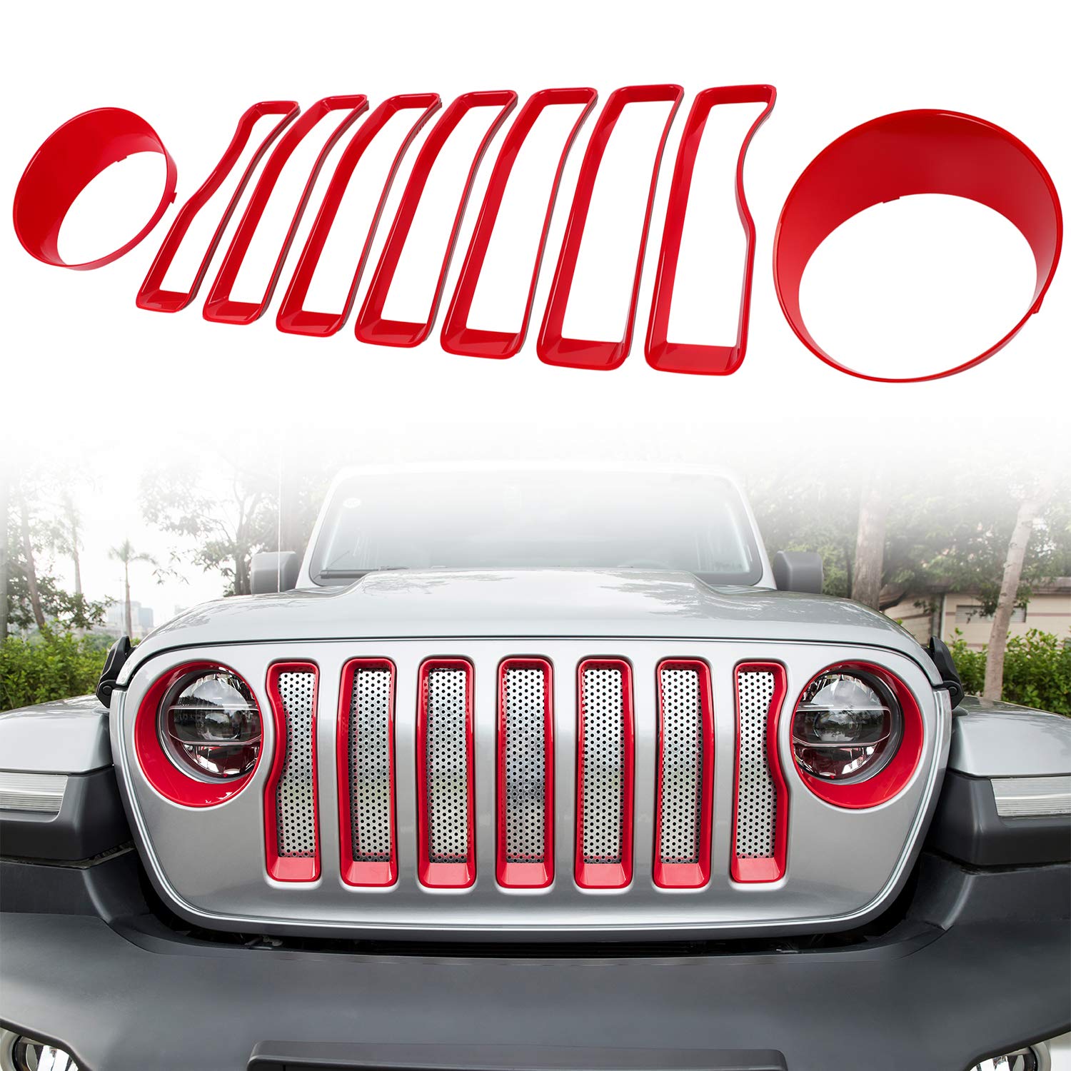 Bonbo Mesh Grille Grill Insert & Headlight Turn Light Cover Trim Exterior Accessories for Jeep Wrangler JL Sport/Sports 2018 2019 2020 2021 2022 (Red)