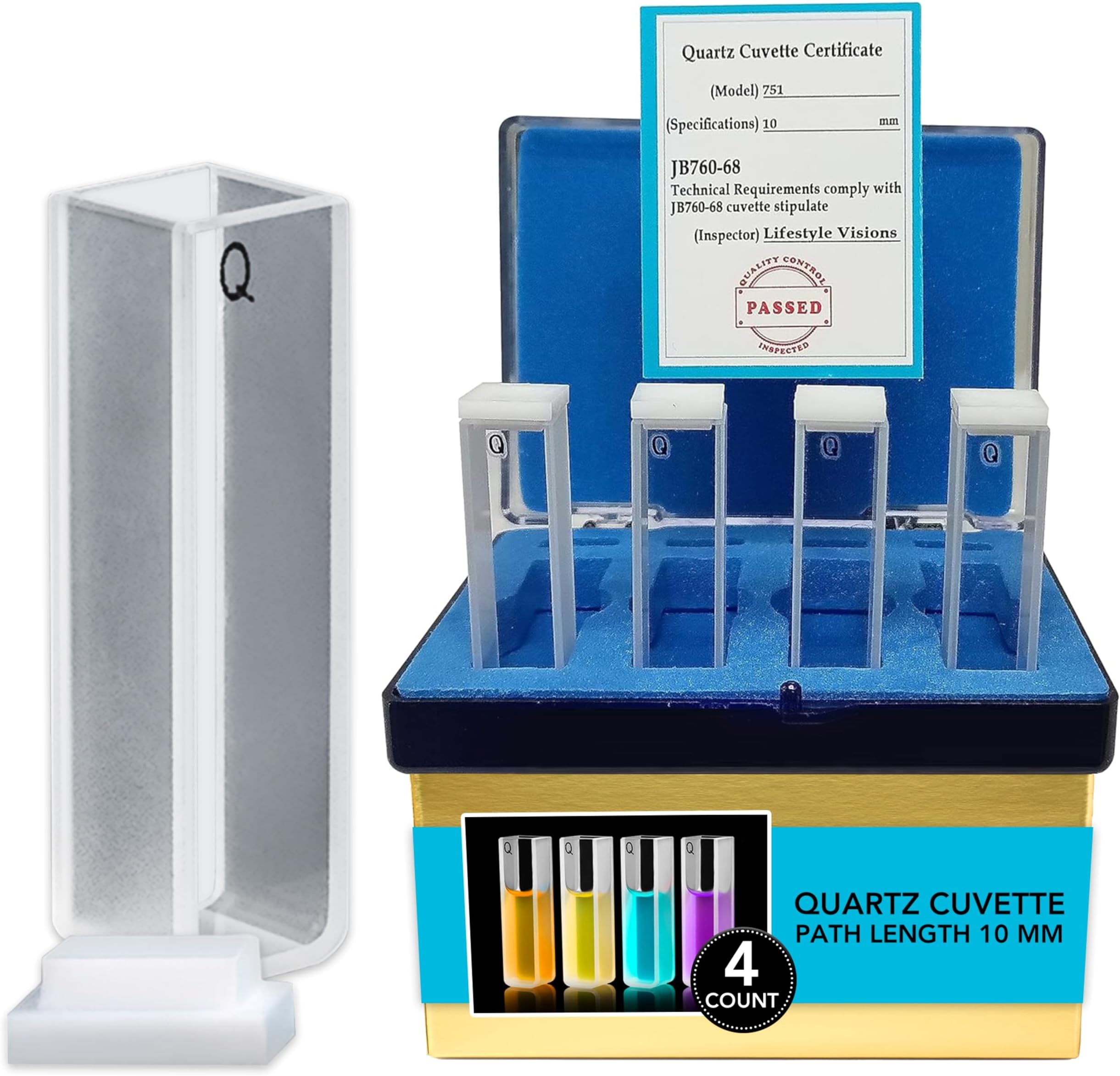 Quartz Cuvettes 4-Pack, UV-Vis-NIR 190–2500 nm, Standard 10 mm Path, 3.5 mL Capacity, 2 Polished & 2 Frosted Sides with PTFE Stoppers, by Lifestyle Visions