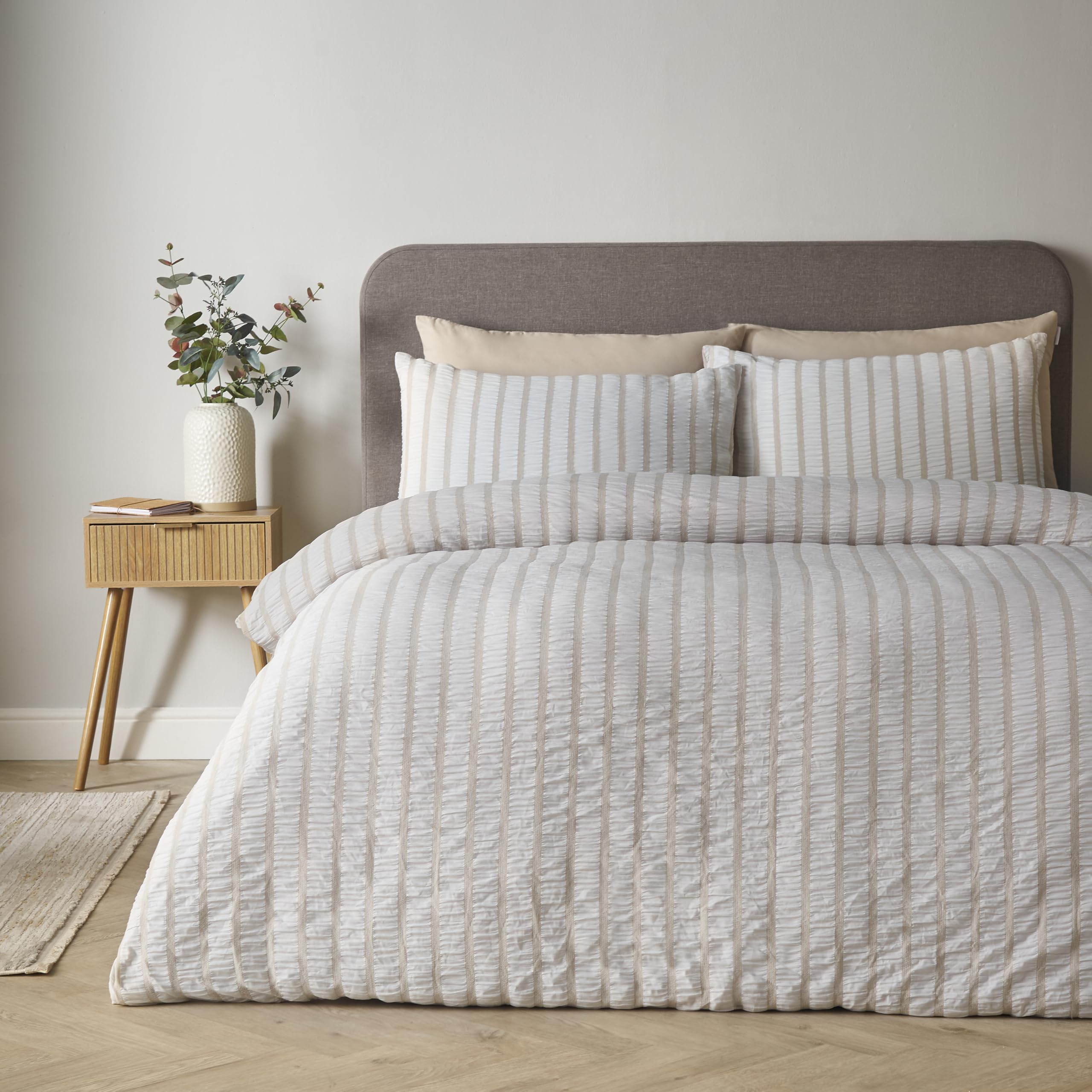 Catherine Lansfield  Neutral Soft Seersucker Stripe Duvet Cover Set in Size Single, Sports Direct