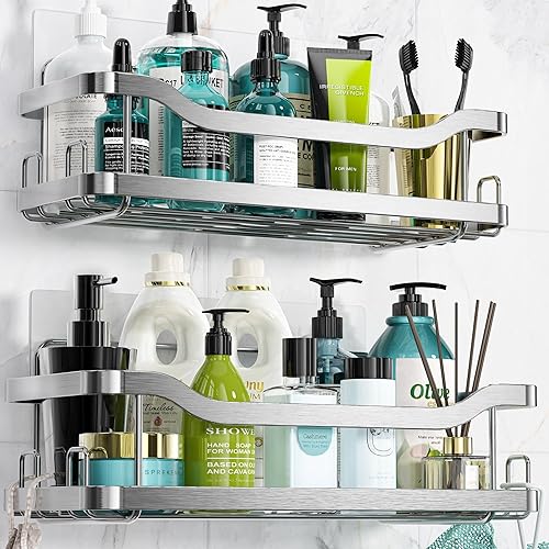 Miniatura 8 de OMAIRA Organizador de ducha plateado, paquete de 2 organizadores de ducha adhesivos, sin perforación, estantes de ducha de acero inoxidable para