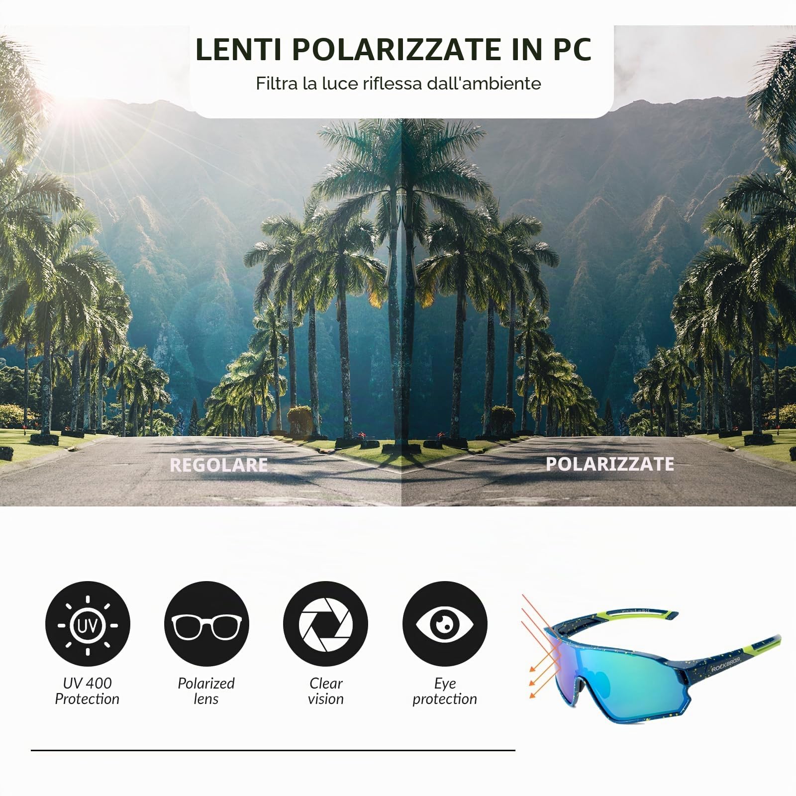 ROCKBROS Occhiali Ciclismo da Sole Polarizzati, Occhiali UV 400 Sportivi per Bici MTB, PC Lenti Polarizzate, Uomo Donna, Ultraleggeri