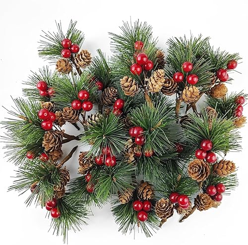 Miniatura 4 de TIHOOD 25 piezas de ramas artificiales de pino, ramas de agujas de pino con tallos de bayas rojas, pequeñas ramas artificiales de bayas y conos de