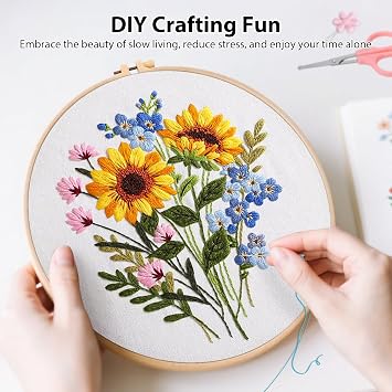 4pcs Embroidery Kits Flower, Embroidery Kit for Beginners, Embroidery Starter Kit Adults, Stamped Embroidery kit with Flower Pattern, DIY Craft Embroidery with Video Tutorial Instruction