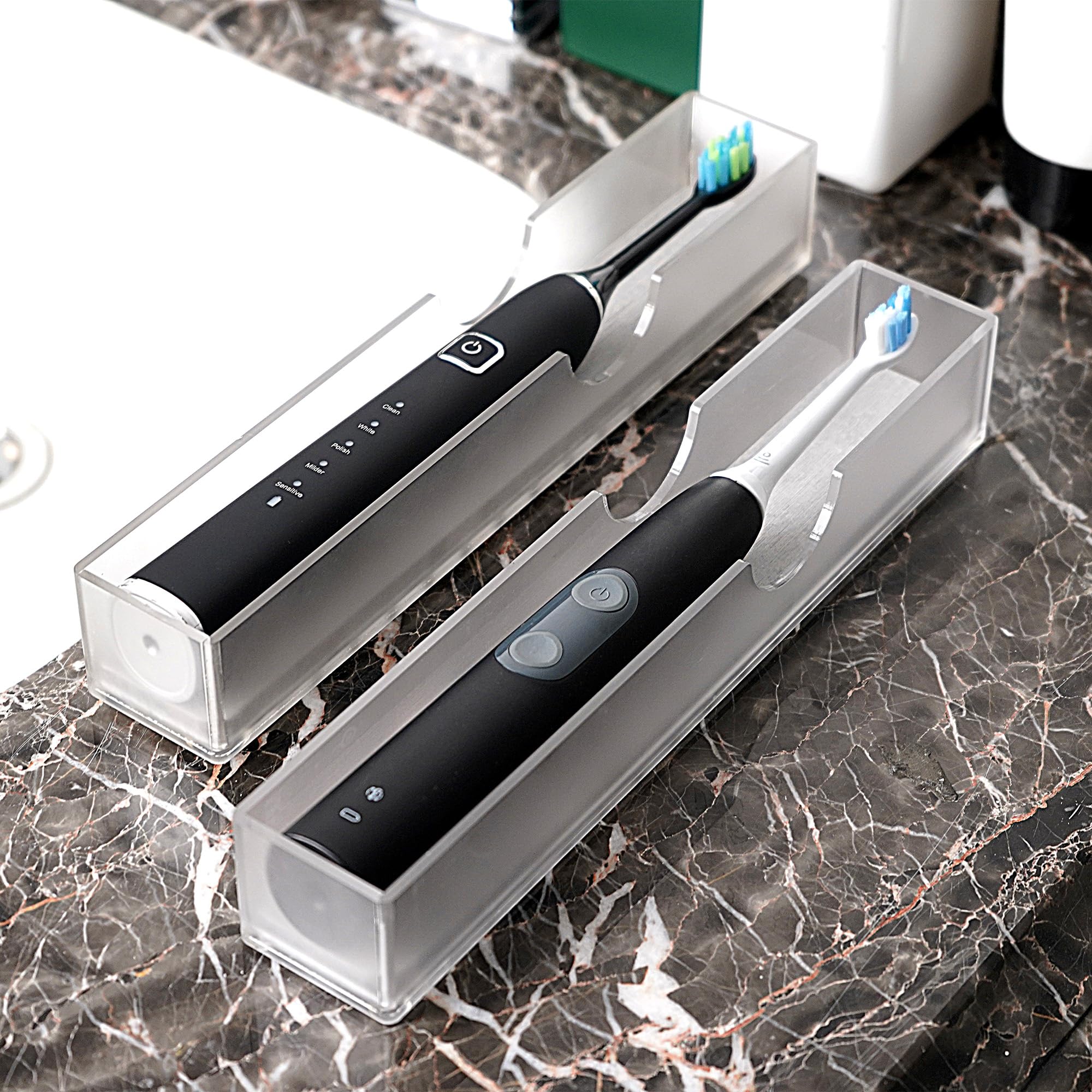 Luexbox Frosted 2Pack Acrylic Electric Toothbrush Holder With Diatomite Drying Stone, Bathroom Drawer Organizer With Drainage Hole For Tooth Brush, Compatible With Philips, Oral-B
