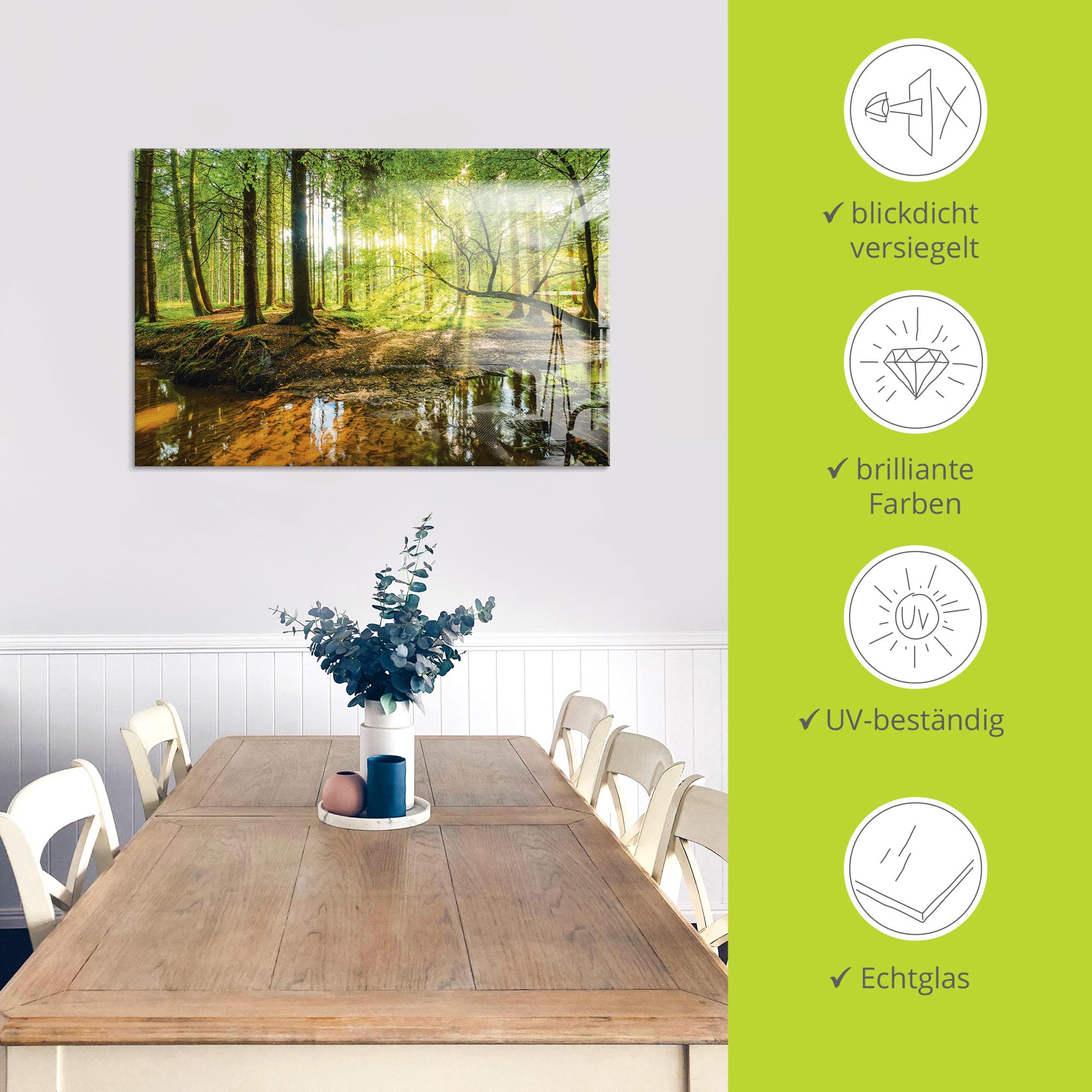ARTland Wanddeko Glasbilder Wandbild Glas Bild einteilig 125x50 cm Querformat Wald Natur Landschaft Bäume Bach Sonne Frühling T9IO