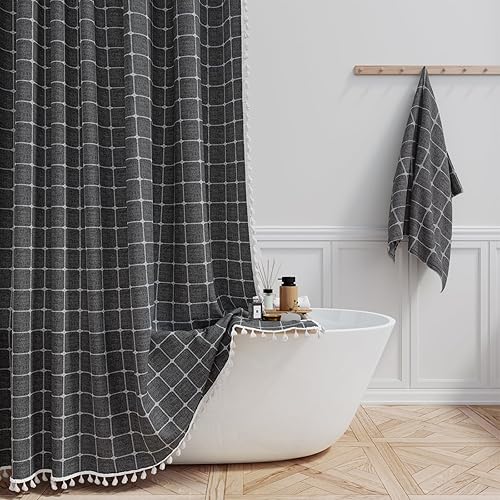 BTTN Cortina de ducha bohemia color gris carbón, juego de cortina de ducha de lino rústico resistente con borla, cortinas de ducha de tela gruesa