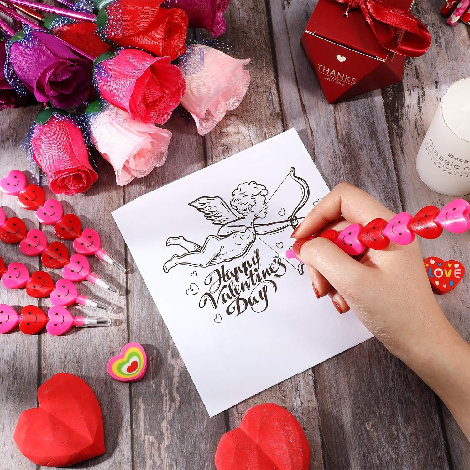 Zonon 72 Pcs Valentine's Day Pencils Bulk Plastic Stacking Heart Pencils Cute Smile Face Pens for Valentine's Day Gifts Rewards Goodie Bag Stuffers Party Favors (Red and Pink)