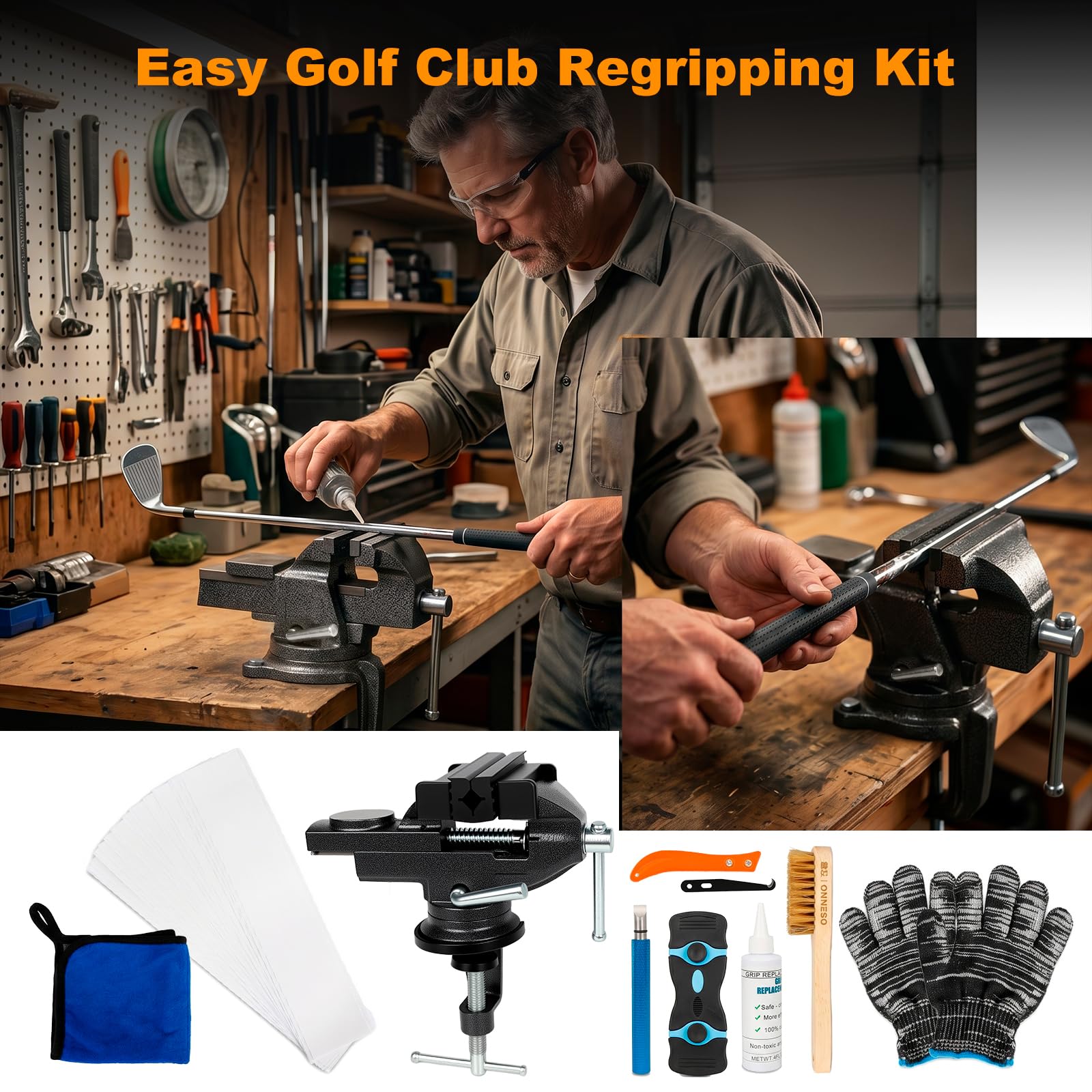 Golfgriff-Set zum Nachreißen von Golfschlägern, tragbarer Tischschraubstock mit Gummiklemme, 360° drehbar, inklusive Klebeband und Lösungsmittelentfernungswerkzeug, Golfschläger-Regripp-Kit für