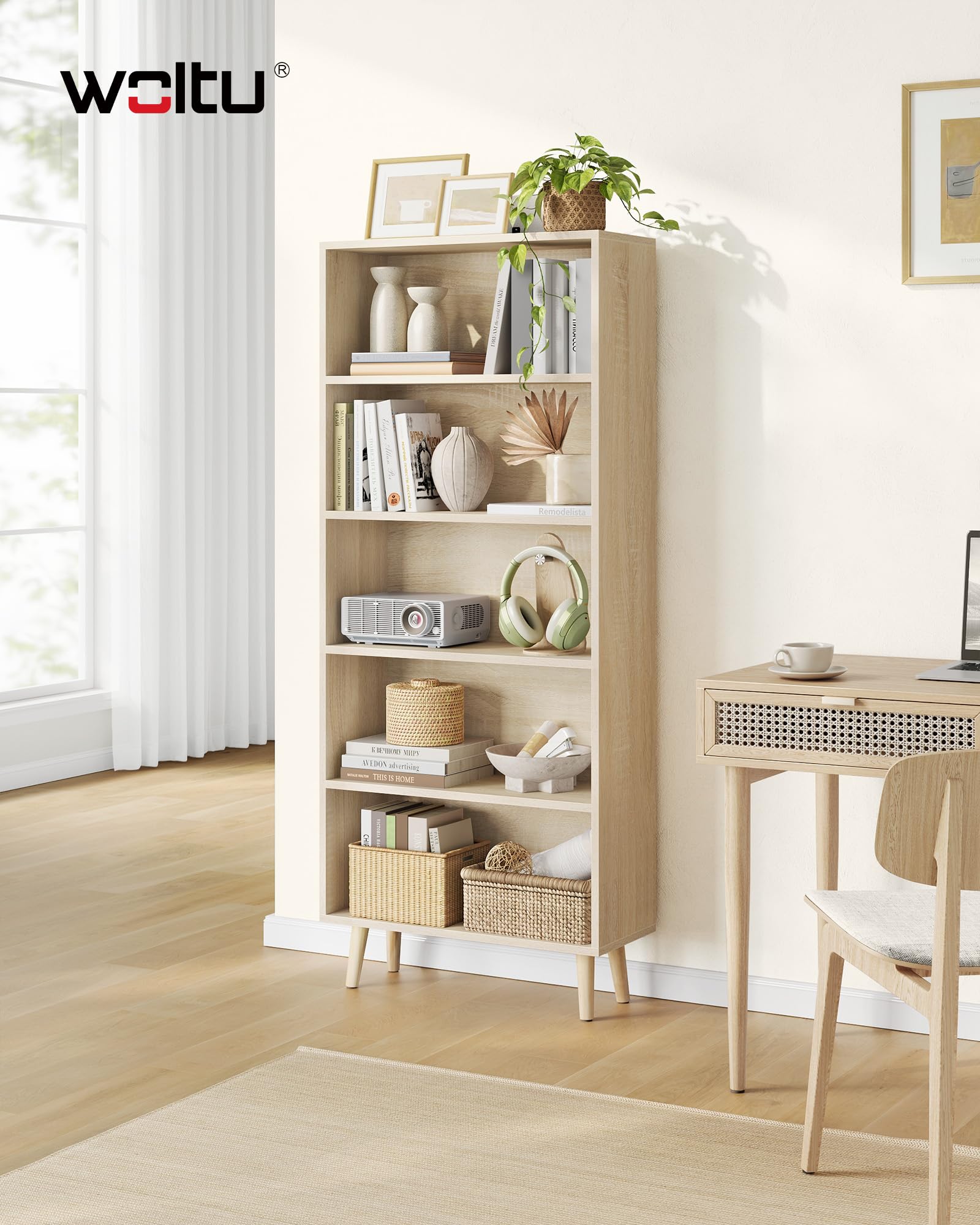 WOLTU Bücherregal Bücherschrank mit 5 Fächern, Standregal Aufbewahrungsregal Büroregal Aktenregal, offenes freistehendes Regal, für Wohnzimmer Küche Büro, helle Eiche, 60x144x24 cm, SK022hei