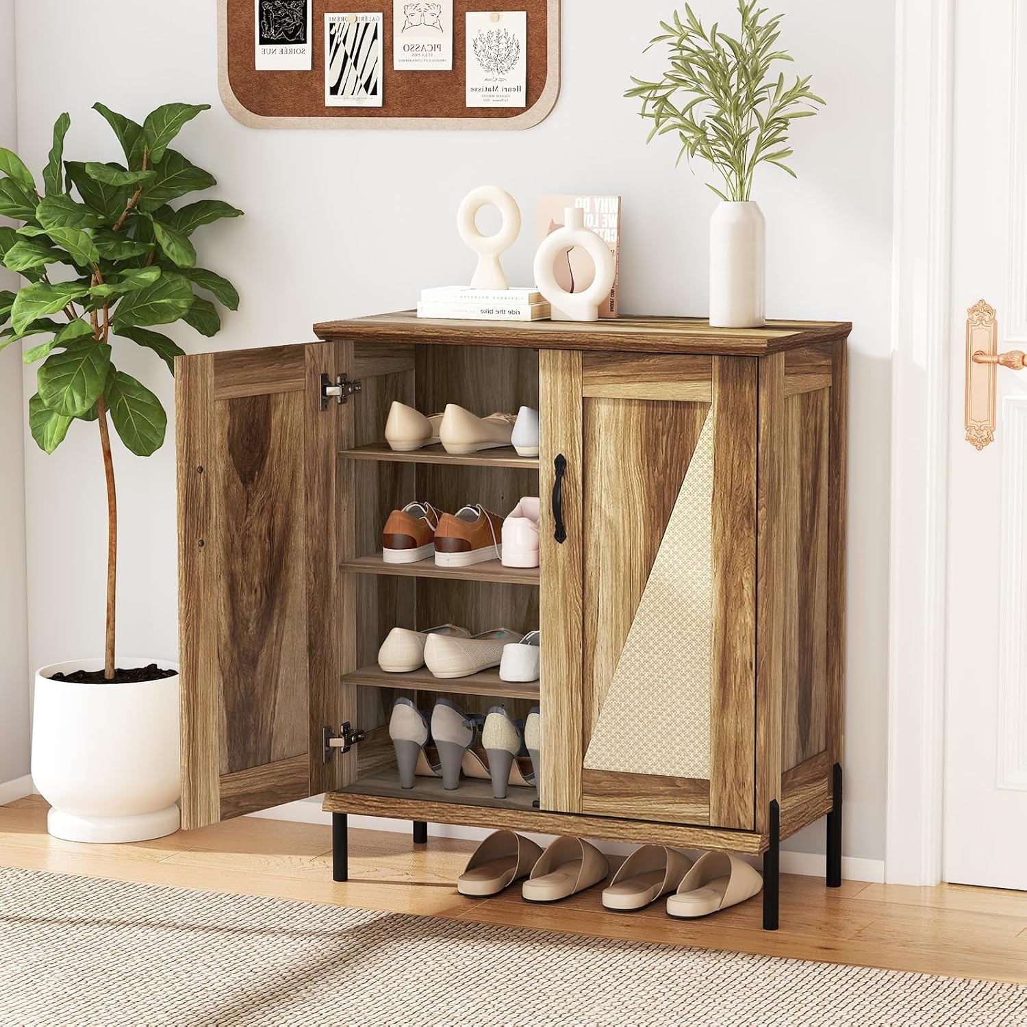 Giantex Farmhouse Shoe Storage Cabinet, 5-Tier Wooden Entryway Cabinet with Woven Rattan Doors, Removable Shelves, Freestanding Shoe Rack Organizer for Entryway, Hallway & Closet, Boho Natural Finish