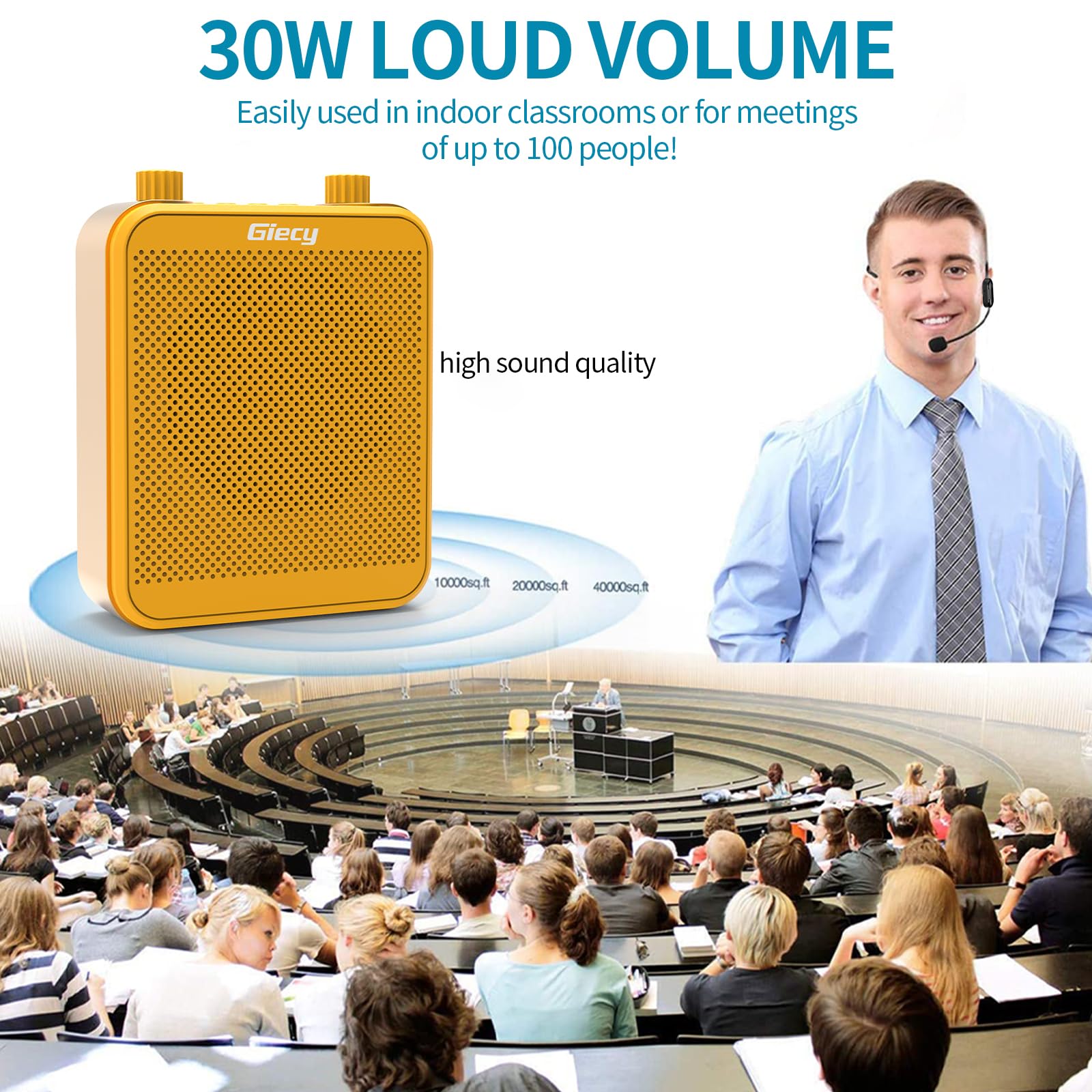 Amplificador de Voz Portátil con Micrófono Inalámbrico UHF, Batería de 2800mAh, ReproductorTF/USB, Radio FM y Grabador para Profesores, Tours y Eventos(Amarillo)