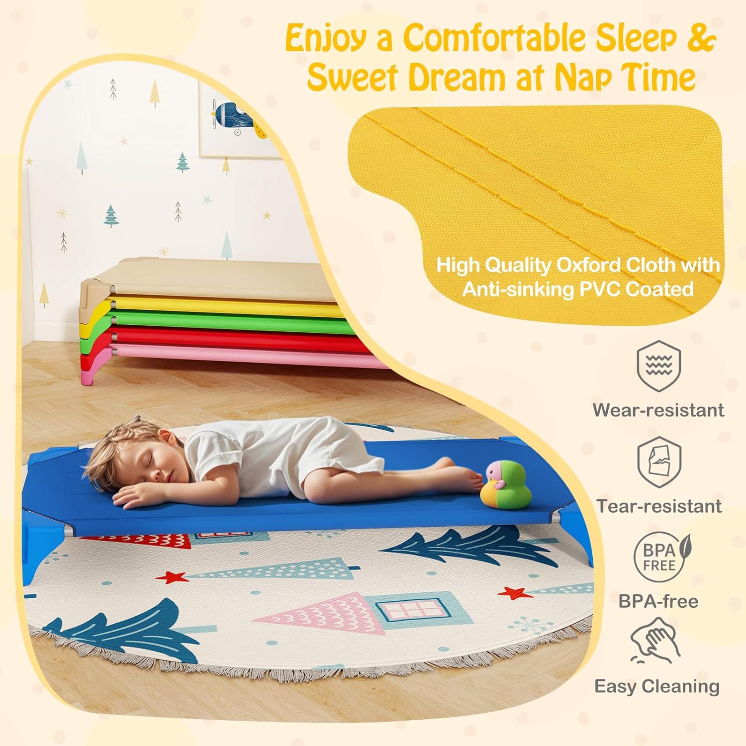 Giantex Stackable Daycare Cots for Sleeping, 53" L x 24" W Portable Nap Cots for Kids and Toddlers w/Easy Lift Corners, Space-Saving Toddler Bed for Preschool Classroom Pet Daycare, Pack of 6, Multi