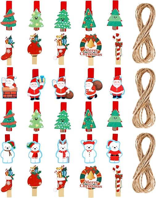 Kiiwah 30Pcs Christmas Wooden Clips, Mini Photo Pegs with Jute String for Card Ornaments Hanging Christmas Tree Wall Decoration