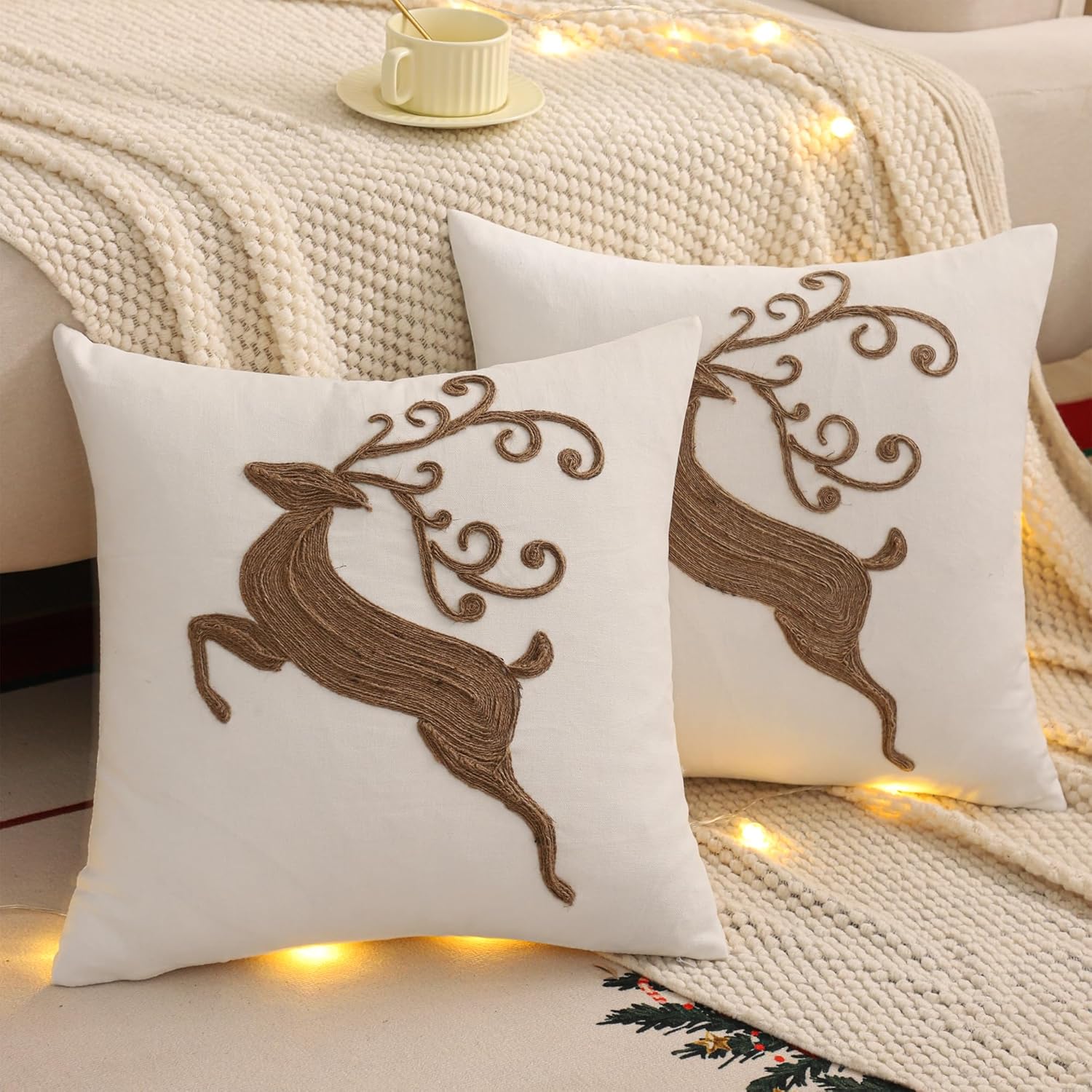 Winter Christmas Deer Throw Pillow Cover 18x18 Inch Pack of 2 Neutral Brown 3D Rope Embroidered Burlap Seasonal Pillowcase Sham for Rustic Farmhouse Xmas New Year Holiday Decoration