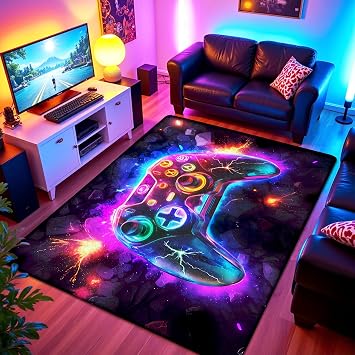 3x5 ft Neon Gaming Area Rug for Boys Room, Colorful Game Controller Carpet for Gamer Room Decor, Low Pile Non-Slip Video Game Rug for Teens Playroom or Game Zone - 03