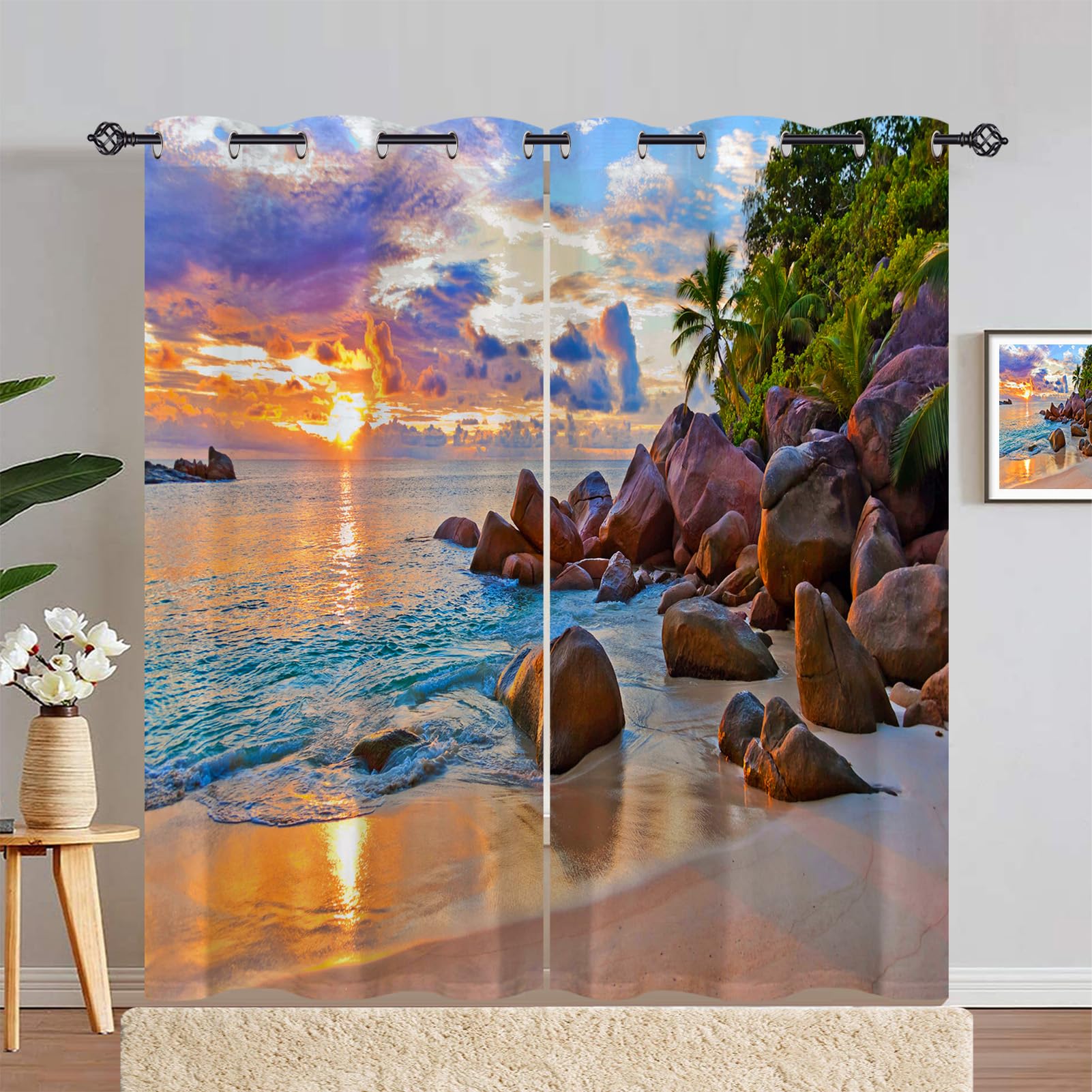 ANHOPE Beach Curtains Eyelet 80% Blackout Room Darkening Curtains Coastal Tropical Sunset Beach Stone Print Pattern Light Blocking Window Drapes for Bedroom Living Room 55 x 90 Inch Drop 2 Panels — image 1