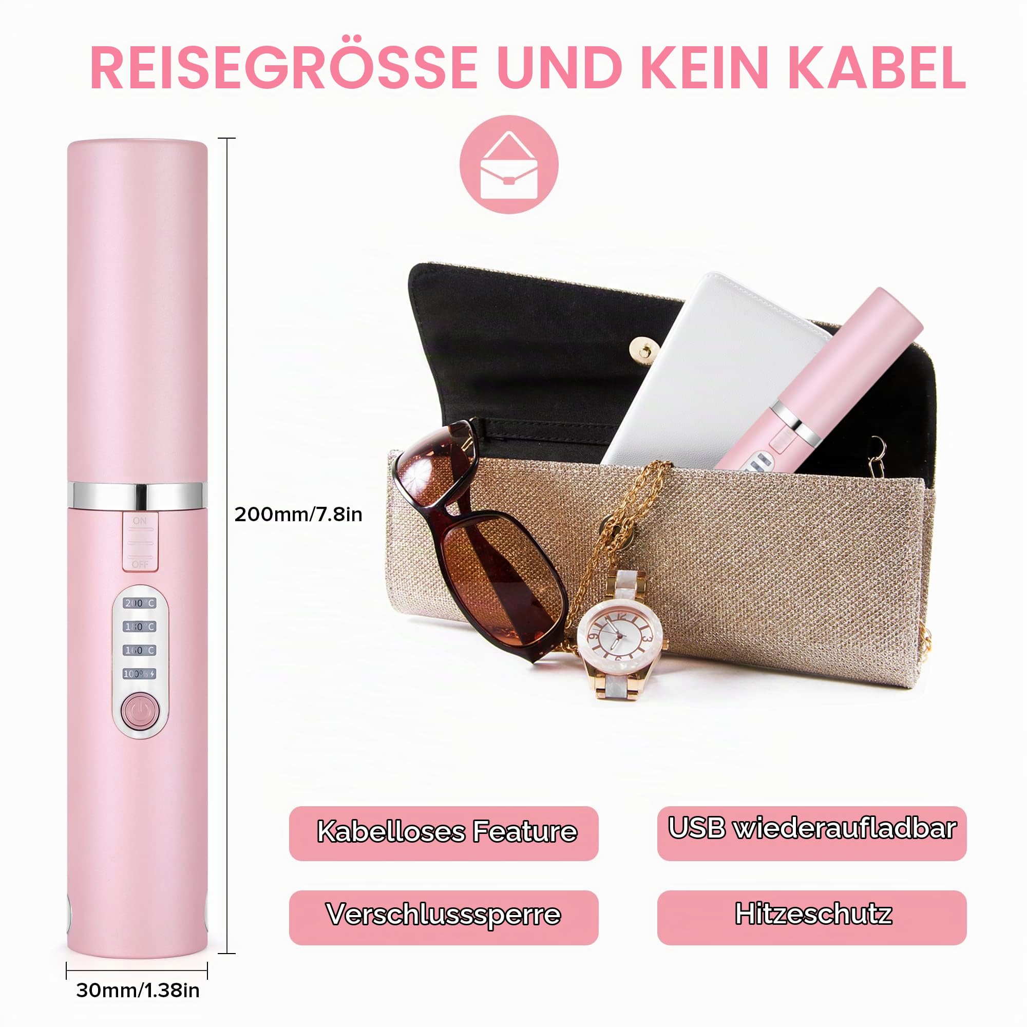 JMFONE Akku-Haarglätter und Lockenwickler, Mini-Reise-Glätteisen 2-in-1, wiederaufladbare kabellose tragbare USB-C-Glätteisen, 3 Temperaturstufen, 4800-mAh-Akku, Dual-Spannung
