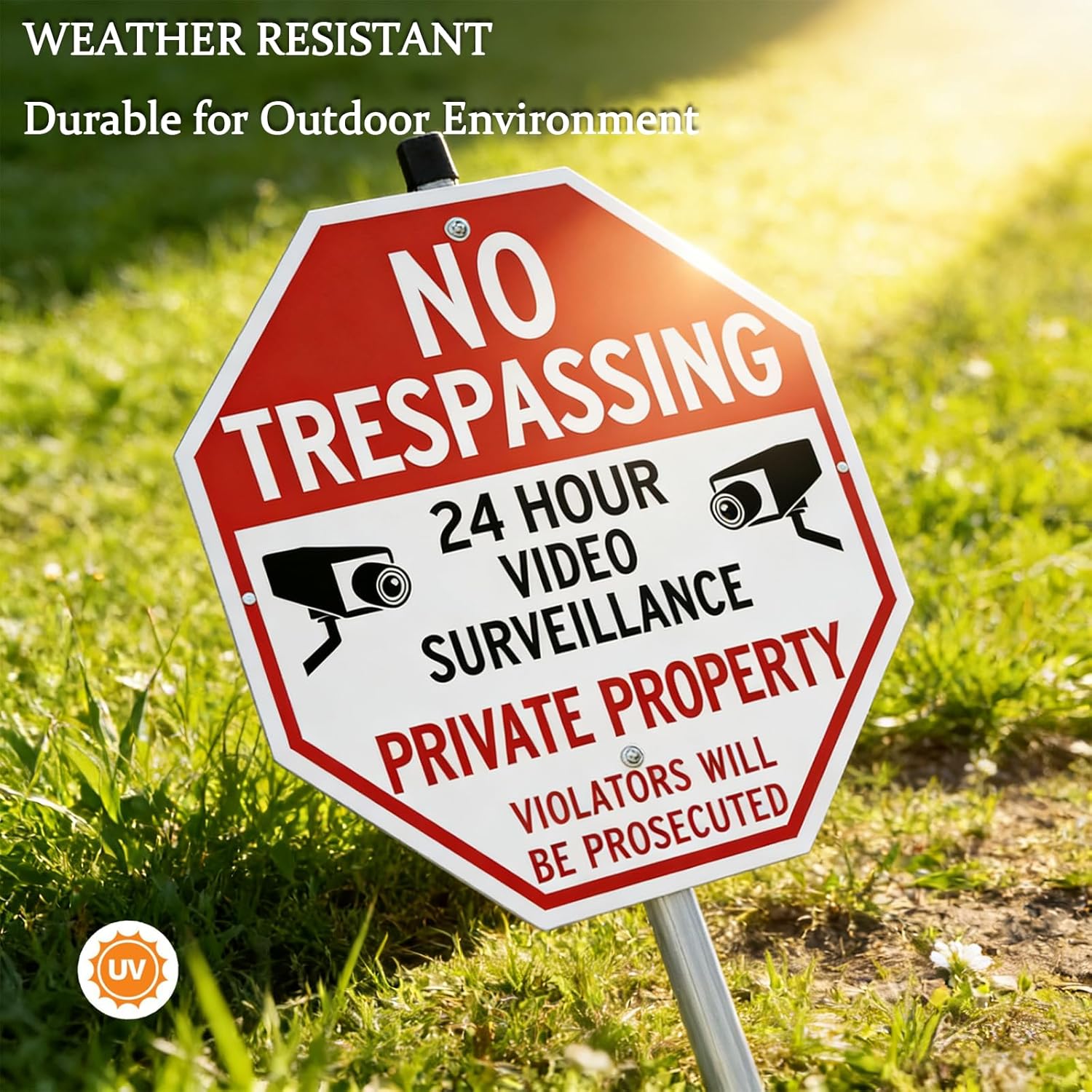 Large No Trespassing Signs Private Property Video Surveillance Sign with 42" Stake for Outside - 3 Pack - 12"x12" Engineering Grade Reflective Film, 050 Rust Free Aluminum, Reflective, Waterproof, Fade