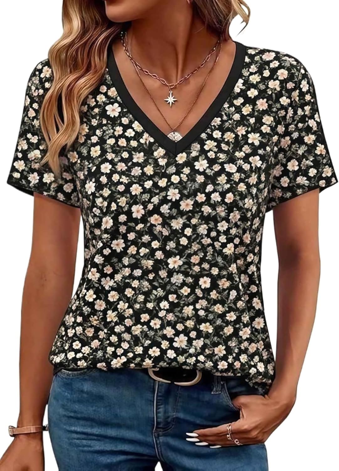 Womens Boho Wildflowers Graphic Tees Color Block/Solid Tops V Neck Short Sleeve Shirts Sandbeach Leisure Tshirt