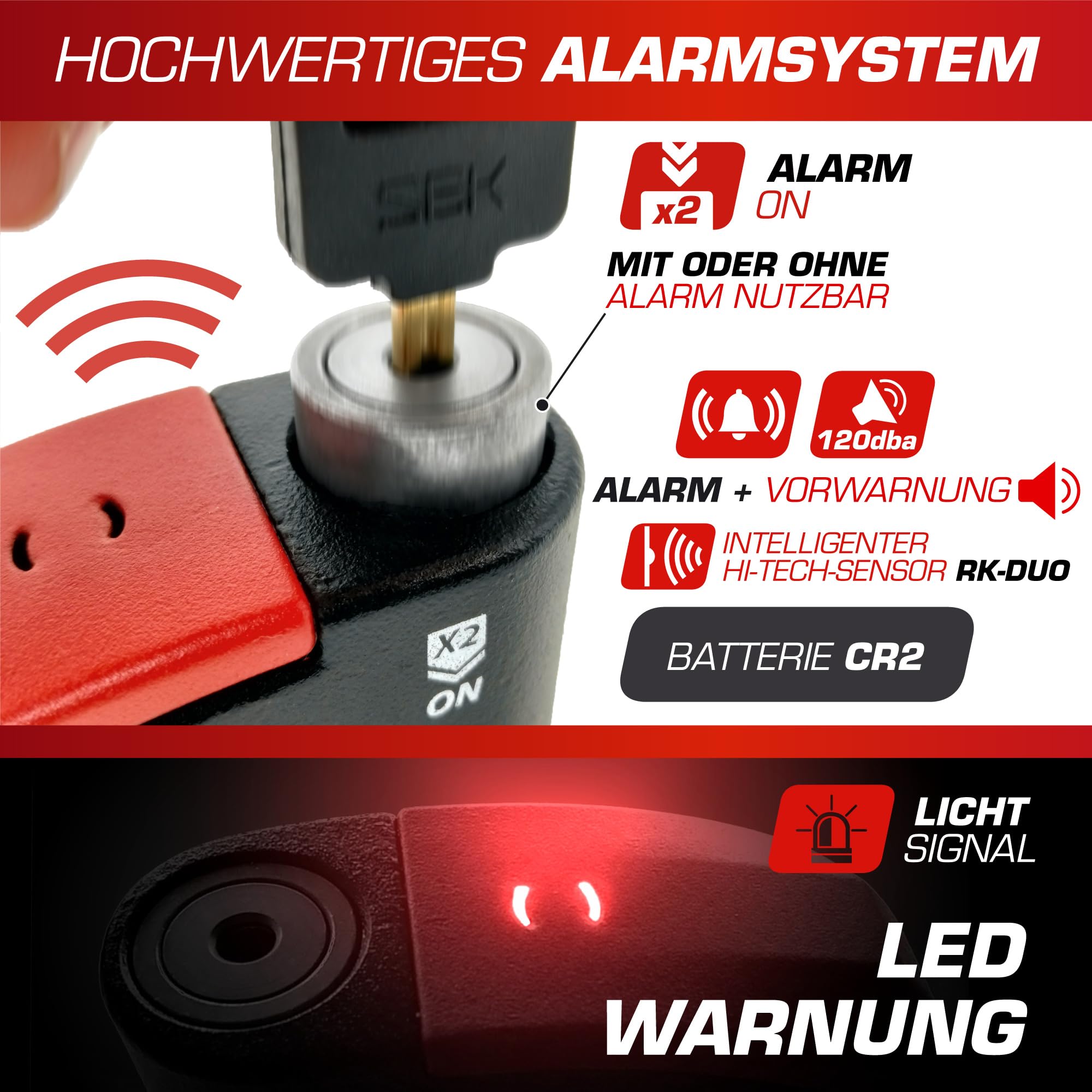 RADIKAL RK15 Bremsscheibenschloss Premium mit Alarm | Aktivierung nach Wahl, 120 dB, LED Warnung Voralarm | Motorrad Schloss SRA-zertifiziert, aus zementiertem Stahl, Doppelverriegelung Ø14, Rot