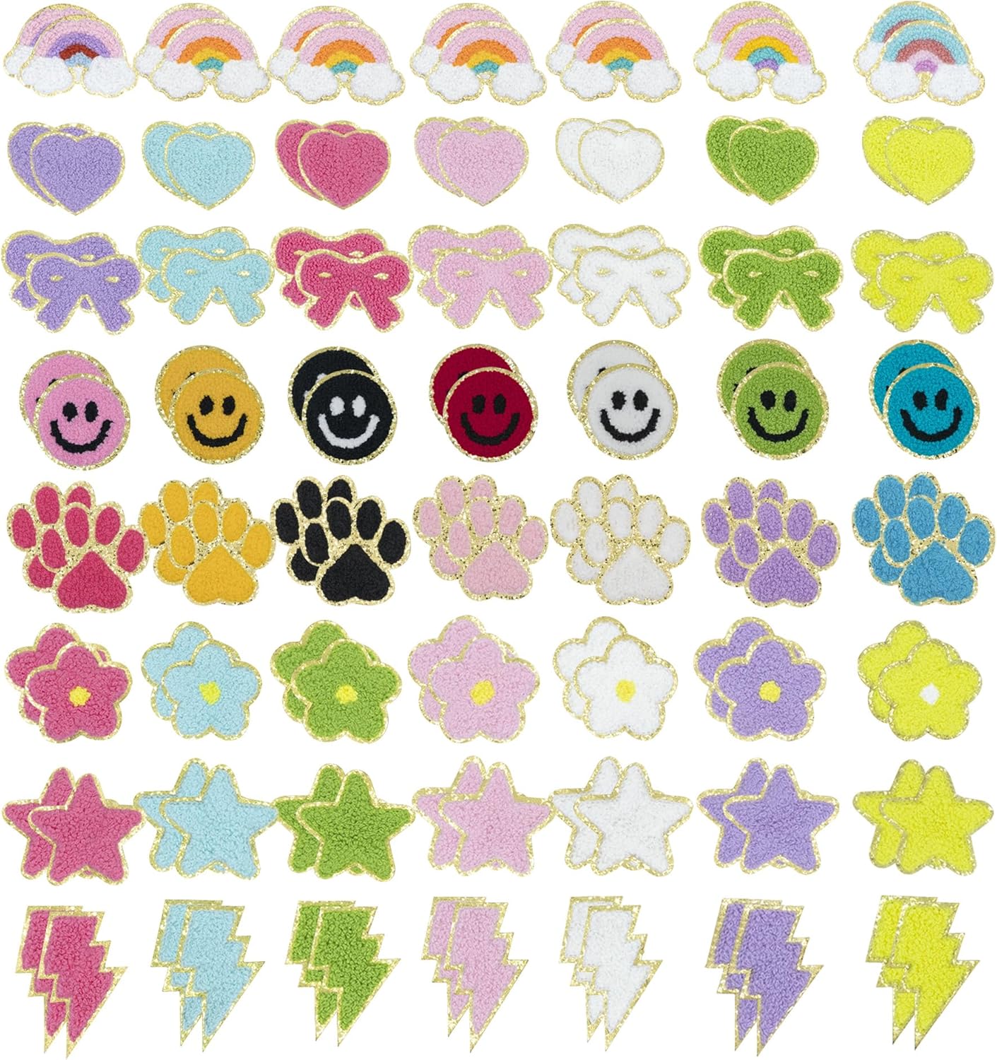112 PCS Love Heart,Smile Face,Rainbow,Flower,Paw 2 Set Self-Adhesive Chenille Applique Patches Embroidered Chenille Patches for Bags,Dress,Shoes,Laptop, Phone,Case,Clothing,Jackets,Jeans,Vests