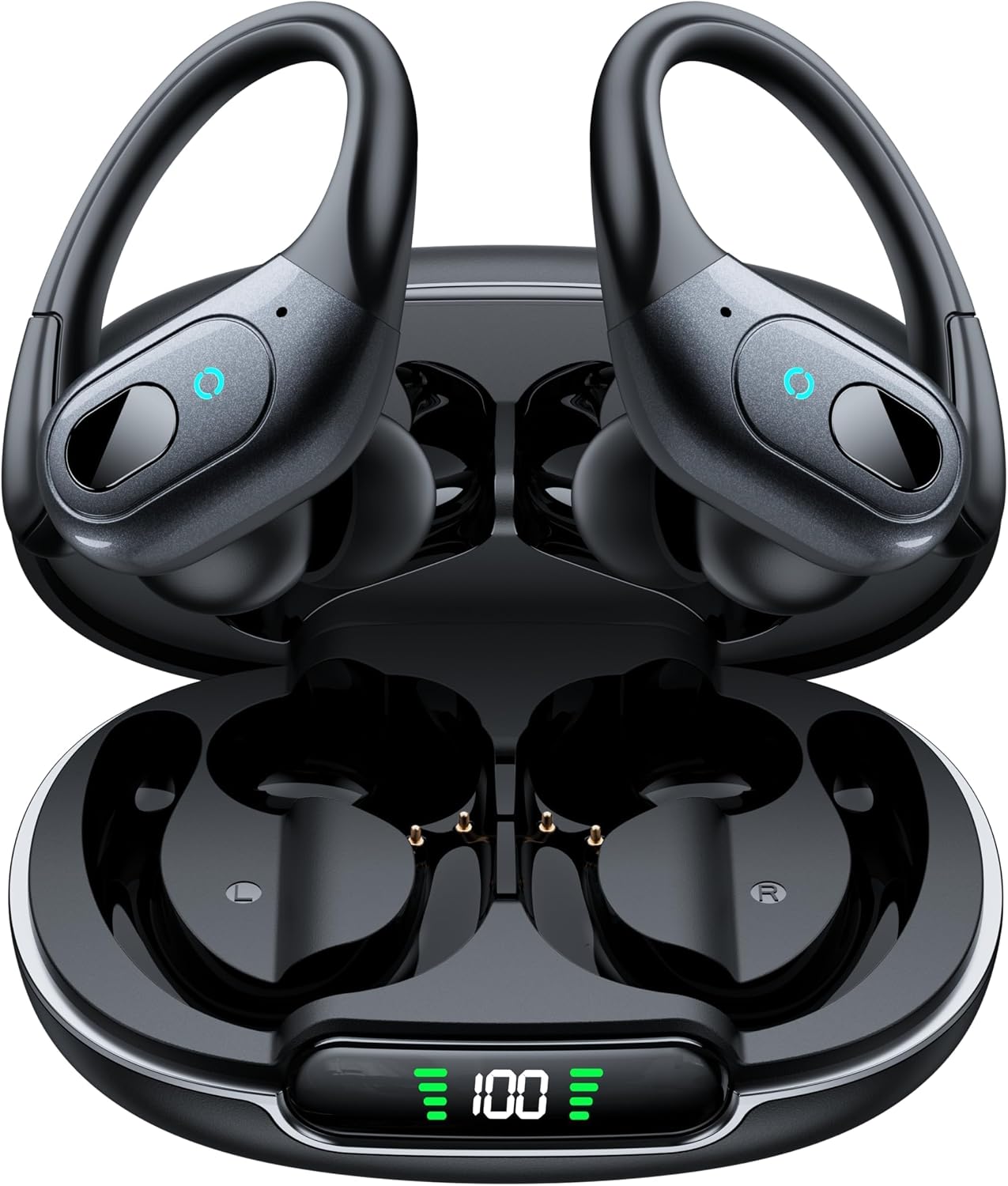 Active Noise Cancelling Earbuds Wireless Bluetooth Headphones | Ear Buds 90Hrs Playback Stereo Bass Earphones with Mic Over-Ear Hooks IPX7 Waterproof Headset for Sports Running Matte Black