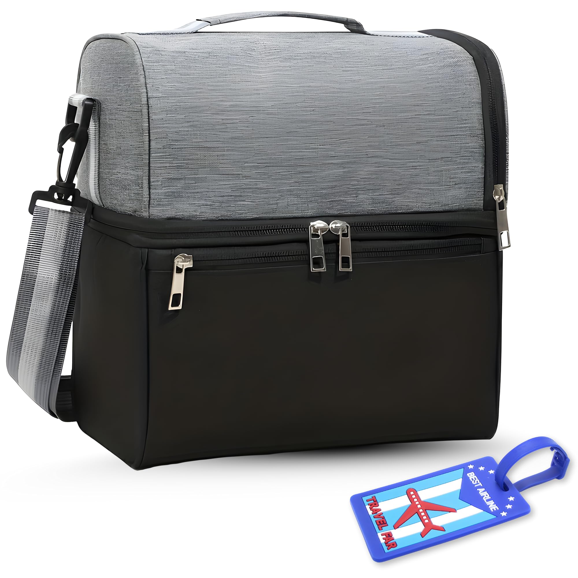OCEANEVO 2 Compartment Insulated Lunch Bag with Luggage Tag, Tiffin Bag for Office with Handle and Shoulder Strap for Men and Women - 28 x 25 x 18 Cm - Grey