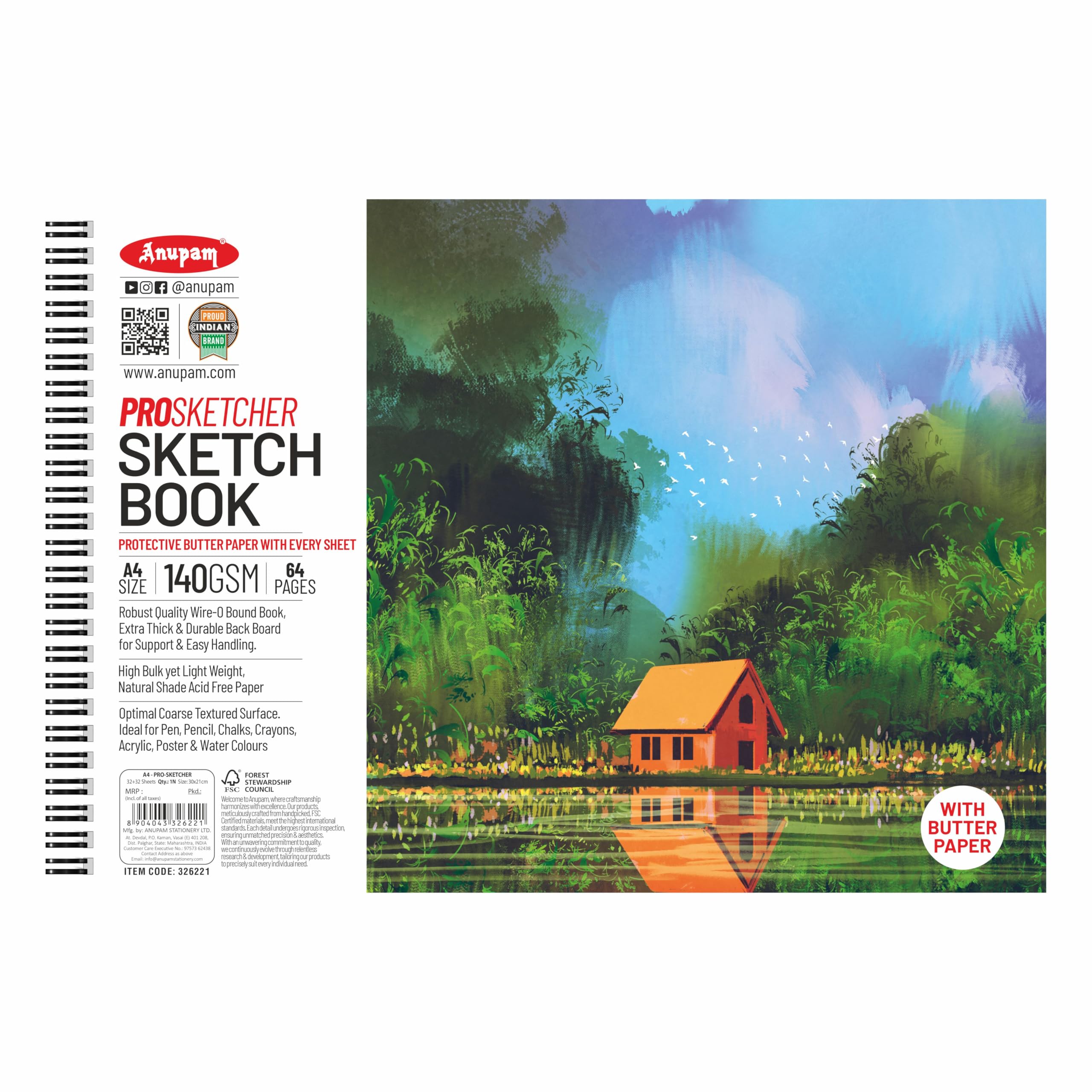 Anupam Pro Sketcher Drawing Book with Butter Paper Pages A4 Size Spiral-Bound Sketchpad 140 GSM for Artists, Kids & Professionals Pencil Charcoal Pastels (32 Sheets, 64 Pages, Acrylic)