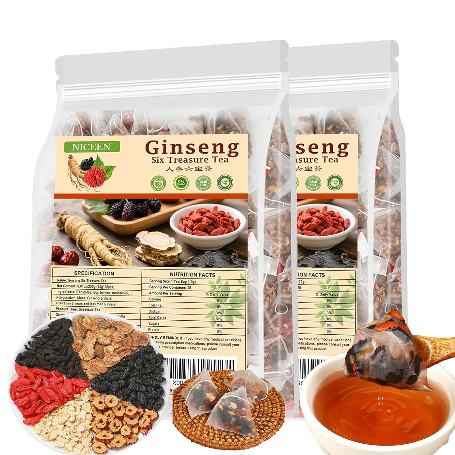 kidney Tea Formula Ginseng Six Treasure Tea, 6 Precious Ingredients Formula for Kidney Detox, Natural Ginseng Five Treasures Teabag for Women & Men, No Additives, Sugar&Caffeine (50 Pcs 2 Bags)