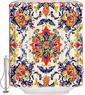 Shower Curtain for Bathroom, Afghan Ethnic Flower Watercolor Hand Drawn Pattern Shower Curtain with Hooks, Waterproof Fabric Washable Beautiful Holiday Shower Curtain Decor Accessory - 72x72IN