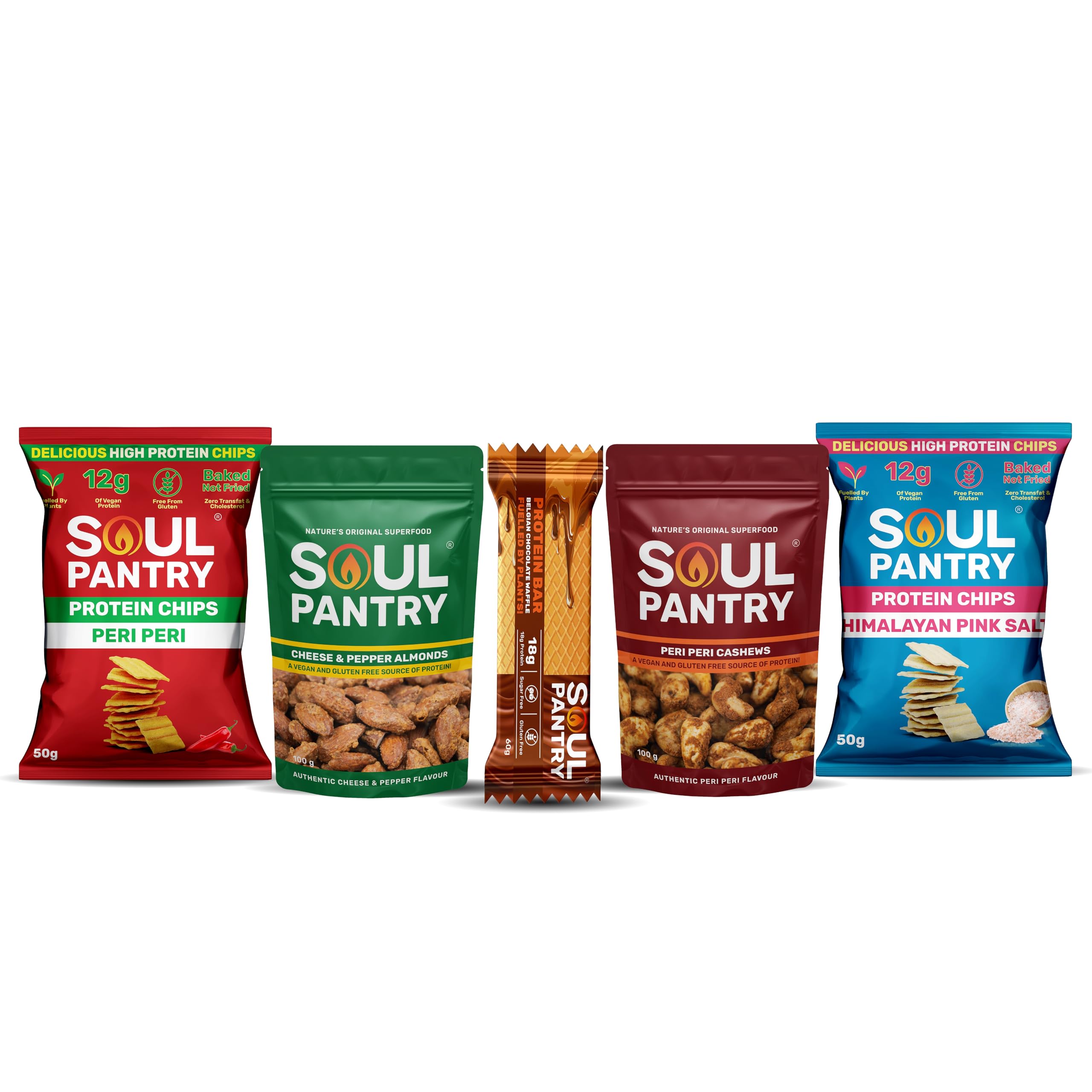 Soul Pantry, Pantry Essentials Bundle, Peri Peri, Himalayan Pink Salt Protein Chips, Belgian Chocolate Waffle Bar, Cheese & Pepper Almonds & Peri Peri Cashews, Natural Goodness (Pack of 5)