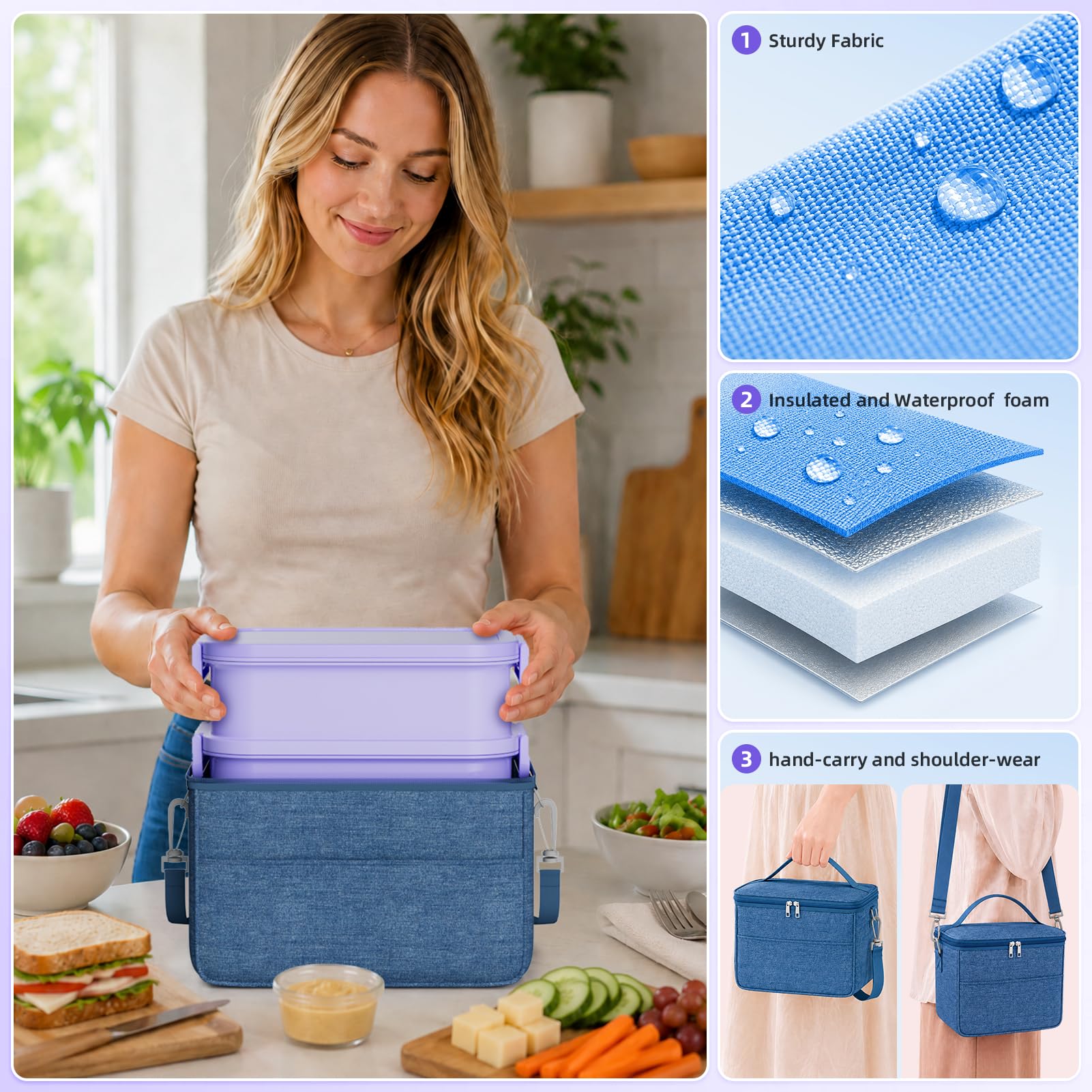 Boîte à bento pour adultes avec sac à déjeuner pour femmes – Boîte à déjeuner empilable tout-en-un pour adultes et enfants – Grande boîte à déjeuner Bento étanche avec fourchette, cuillère, boîte à