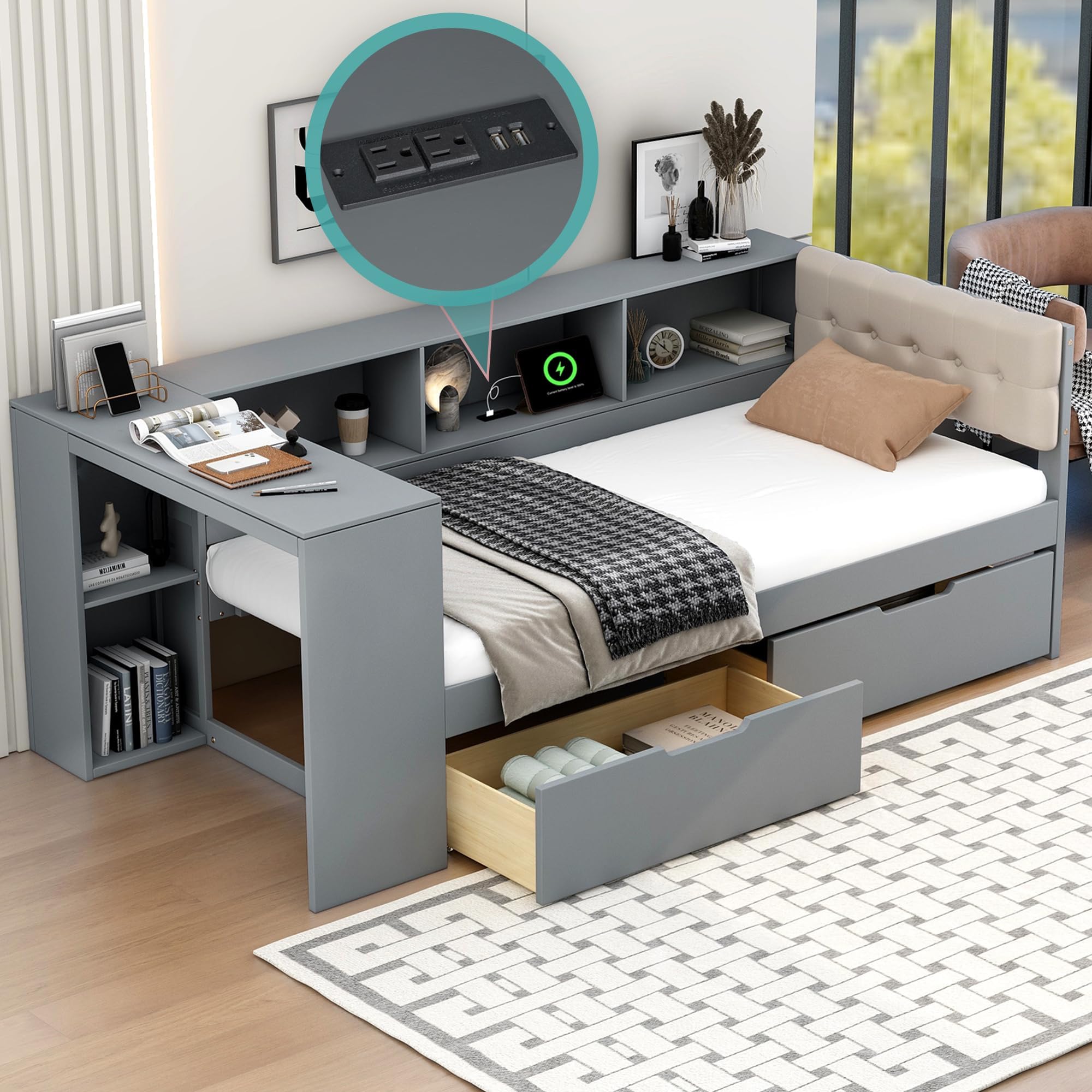 Modern Twin Platform Bed with Storage Shelves - Built-in Desk, 2 Under-Bed Drawers, USB Charging Ports & Upholstered Headboard, Solid Wood Daybed Frame, Grey