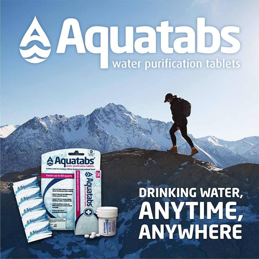 Aquatabs water purification tablets packaging and product display