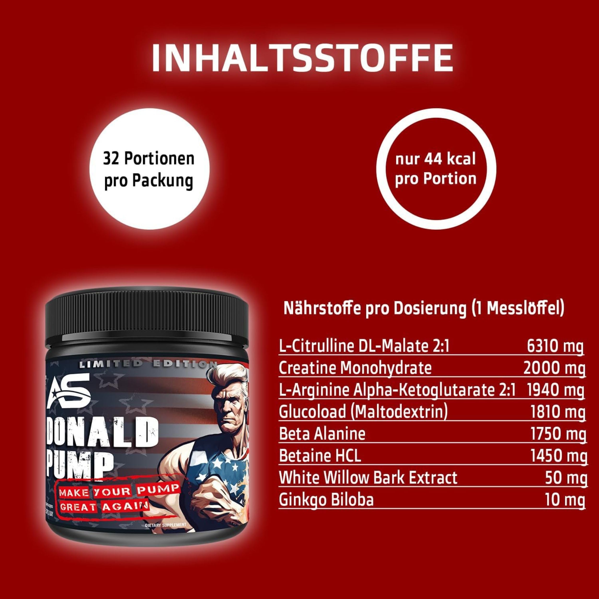 DONALD PUMP BOOSTER [510g] - MAKE YOUR PUMP GREAT AGAIN! L Citrullin Malat + Creatine + AAKG + Beta Alanin + Ginkgo Biloba (510g mit Shaker, Pfirsich Eistee)