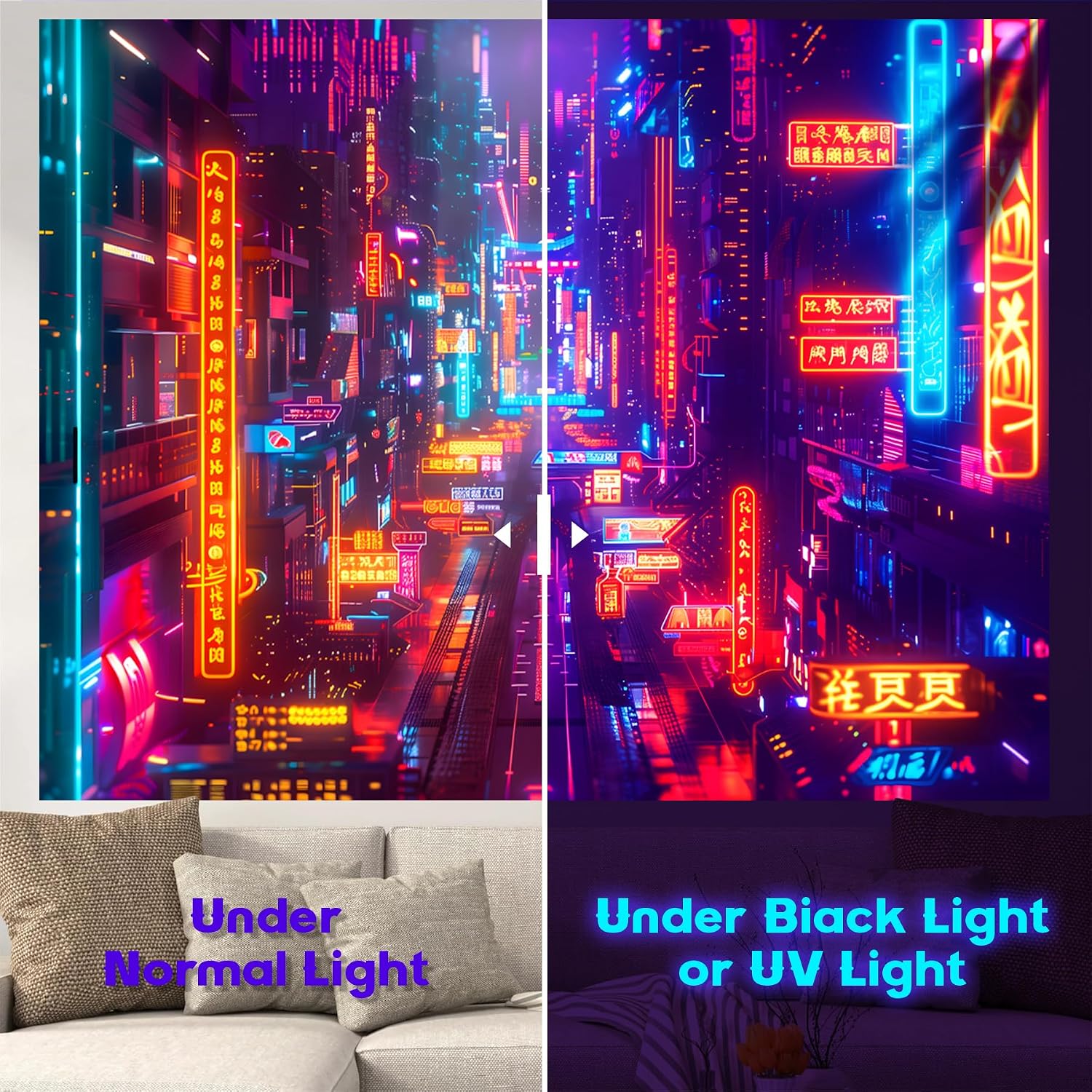 NYZE City Blacklight Tapestry, Japanese Anime Tapestry Punk Game Fantasy Night View Cityscape Futuristic Neon Art Wall Hanging Tapestries for Bedroom Decor 79x59in, type H image 2