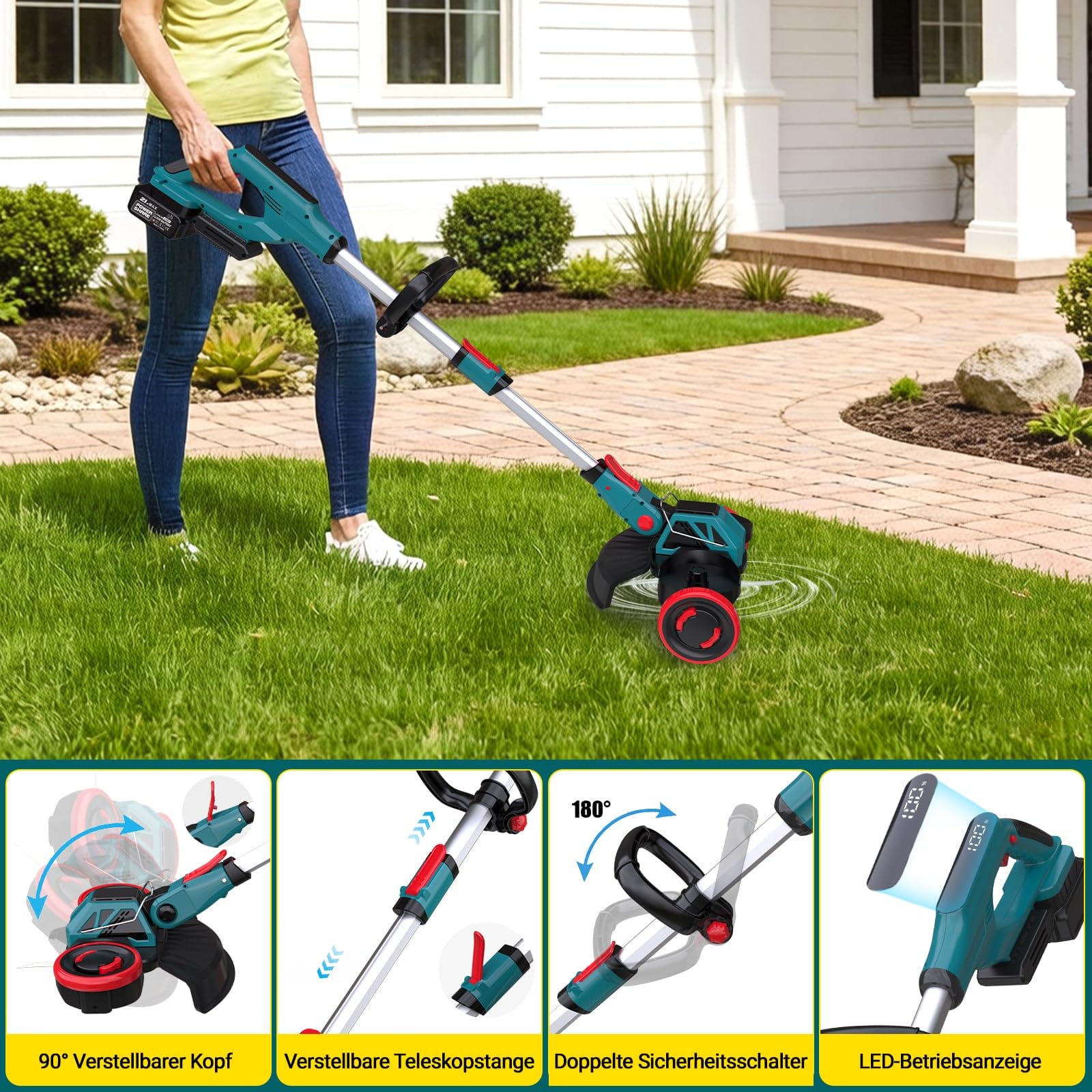 Akku Rasentrimmer für Makita Akkus, 3-in-1 kantenschneider & Rasentrimmer mit Unkrautbürste, Rasenkantenschneider, Freischneider Akku, Motorsense Akku - Inkl. 2 X 21V 4.0Ah Batterie & Ladegerät