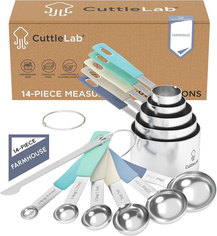 Measuring Cups and Measuring Spoons Set of 14 - Stainless Steel Measuring Cups and Spoons Set, Includes 1/8 Teaspoon Measuring Spoon, 1/8 Cup Measuring Cup, Leveler Dry (14, Farmhouse)