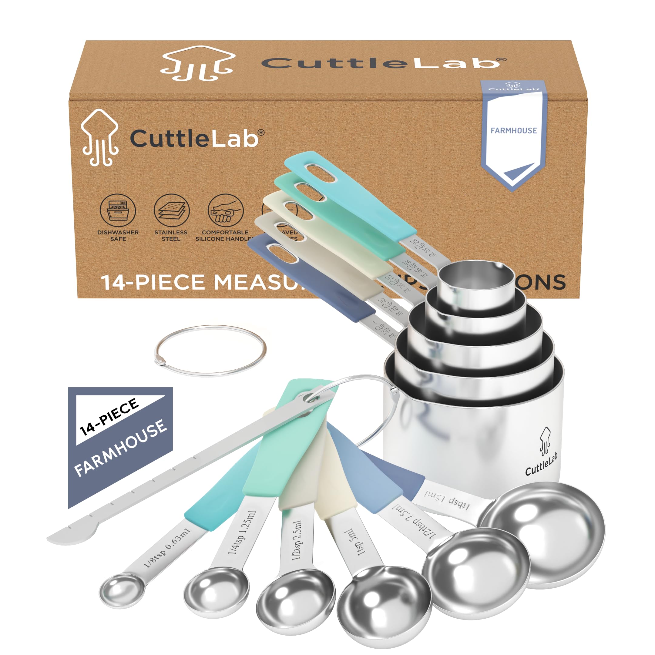 CuttleLab Messbecher-Set 14-teilig - Edelstahl, inkl. 1/8 Teelöffel, 1/8 Tasse, Leveler, Bauernhaus