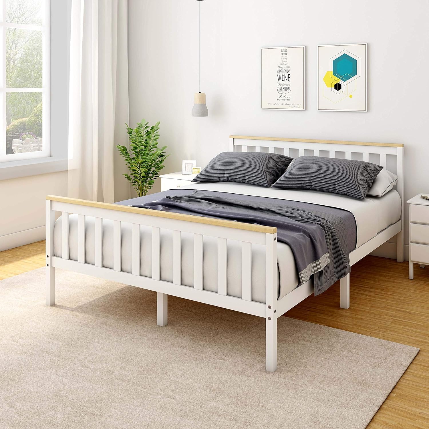 Panana White+Natural 4FT6 Wooden Pine Shaker Bed | Slatted Base Solid Wood Construction for Bedroom Furniture (White/Natural, Double)