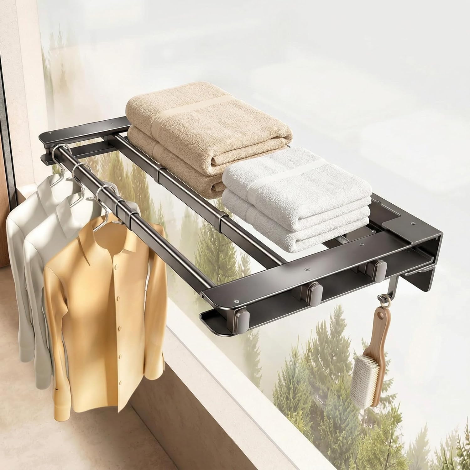 Wall Mounted Retractable Clothes Drying Rack,41 in Aluminum Portable Clothes Drying Rack Foldable with 5 Hooks for Bathroom,Laundry,Poolside Space Saving