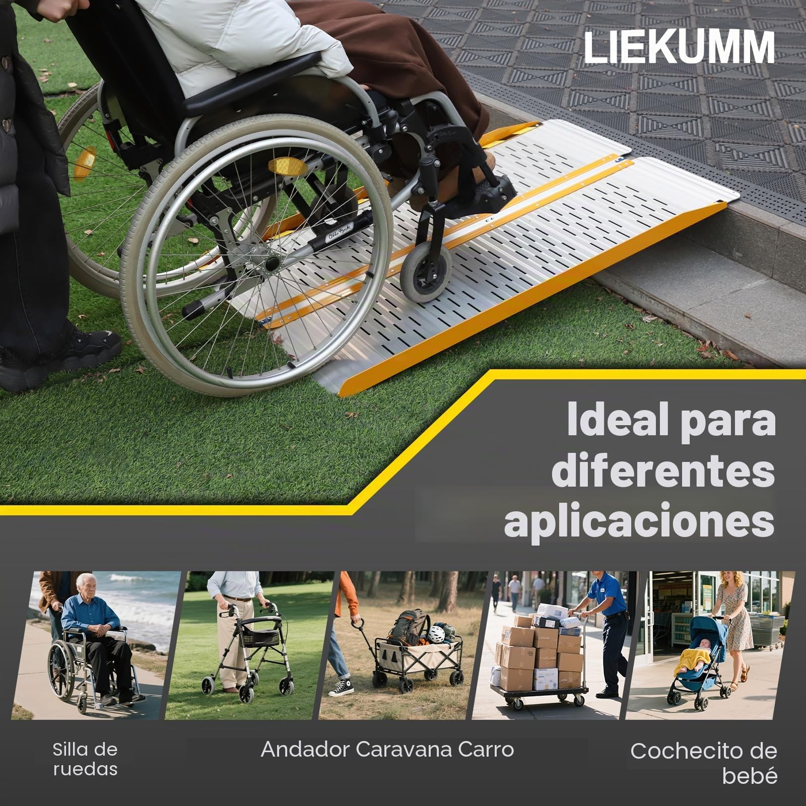 LIEKUMM Rampas para Silla de Ruedas Plegable 61 cm, Capacidad de Carga 300 kg, Rampa Silla de Ruedas de Aluminio para Escaleras y Escalones, Rampa para Silla de Ruedas de Uso Doméstico