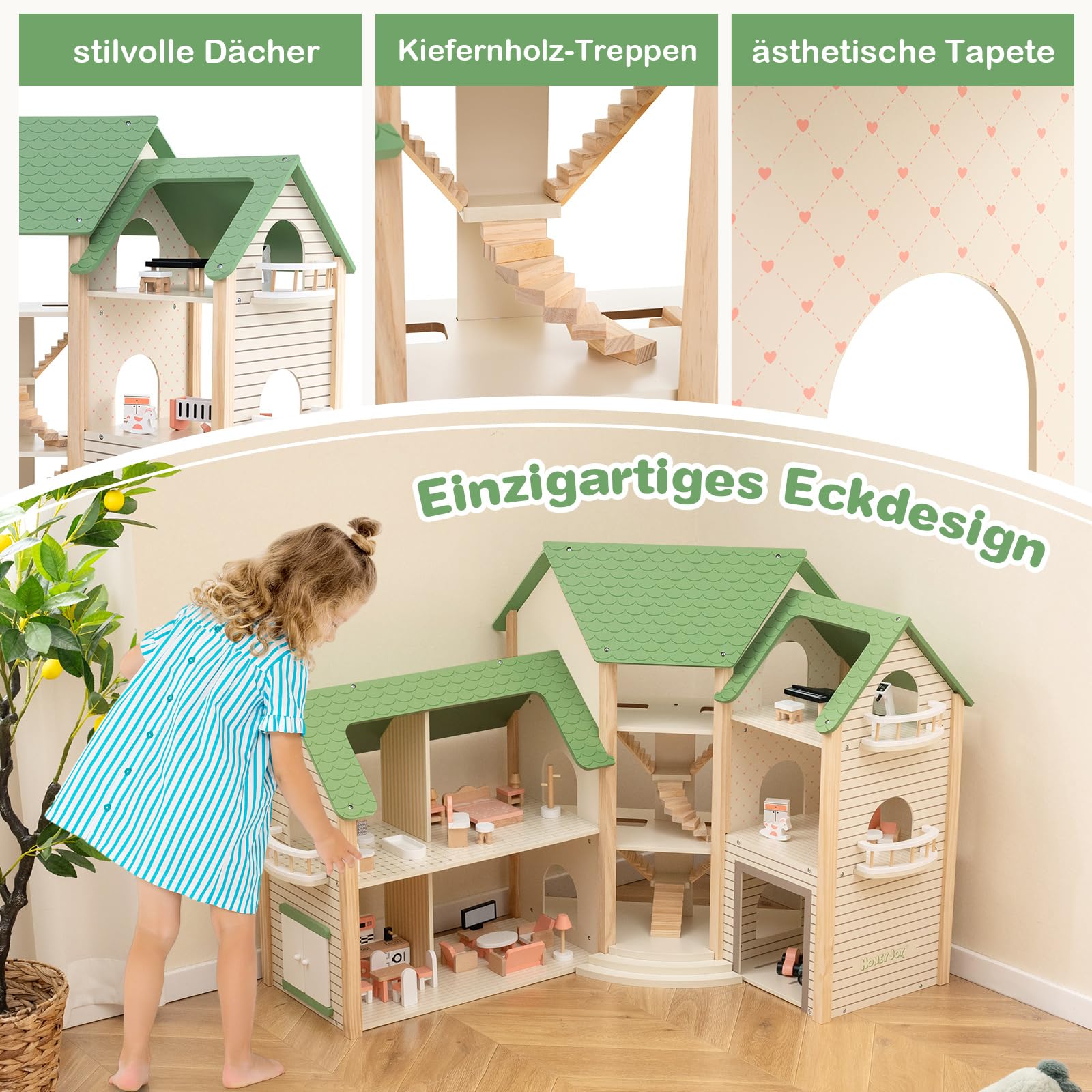 COSTWAY Puppenhaus Holz, Dollhouse 83 cm Hoch mit 36 Möbelstücken und Zubehör, Puppenvilla mit 6 Zimmern & Terrasse & Garage, Puppenstube Geschenk für Kidner ab 3 Jahren