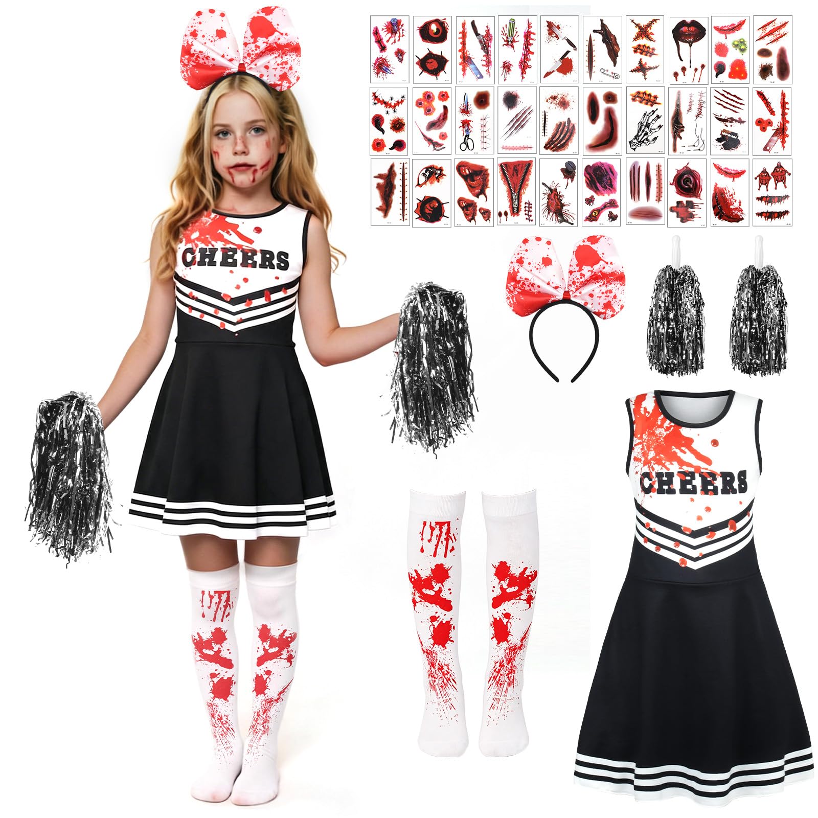AUYAO 6Pcs Zombie Cheerleader Girls Dead Halloween Fancy Costume Black, 150
