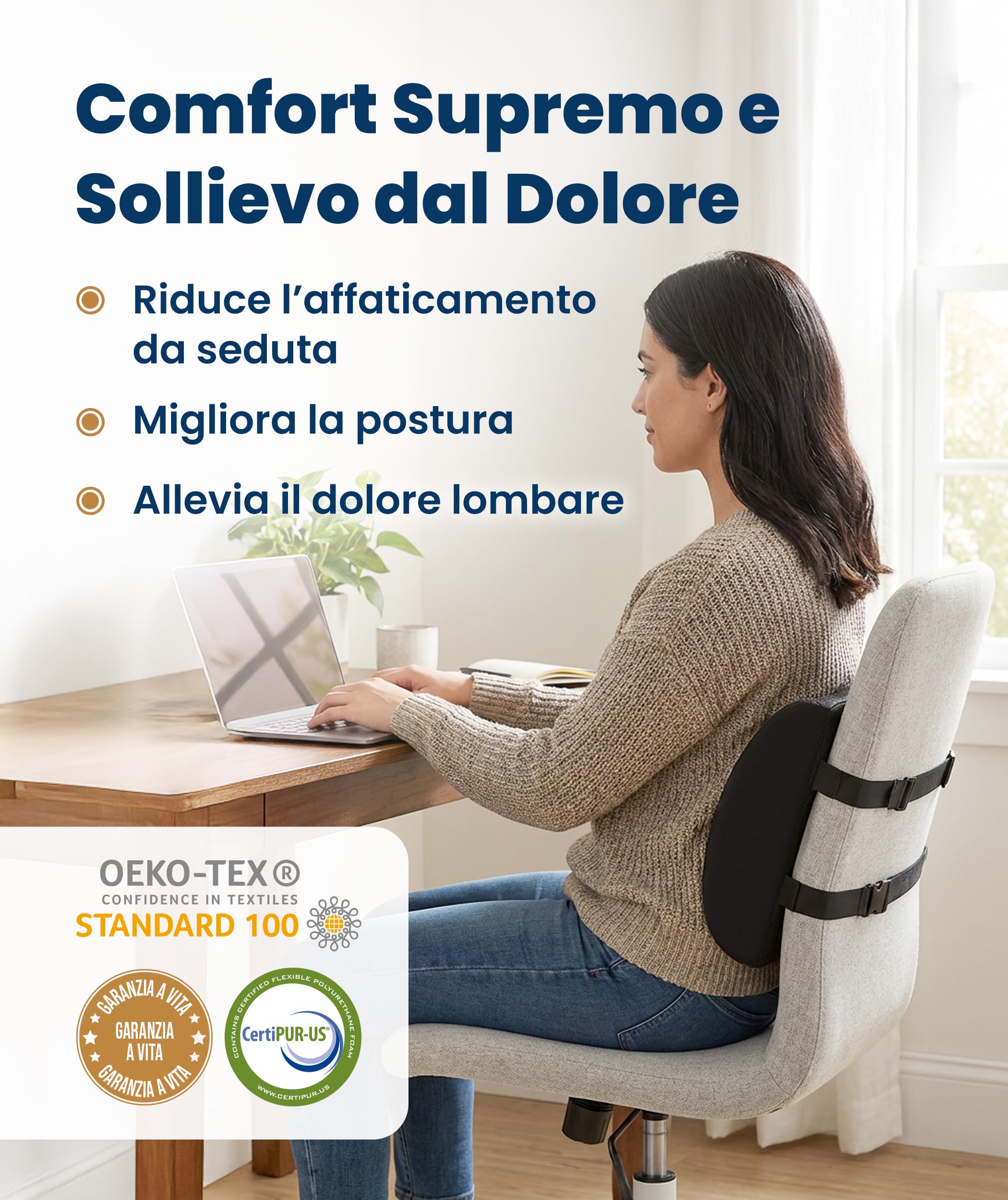 Everlasting Comfort Cuscino Lombare Memory Foam per Sedia Ufficio e Auto – Supporto Schiena Ergonomico, Sollievo Dolore Lombare, Migliora la Postura e il Comfort Durante Uso Quotidiano