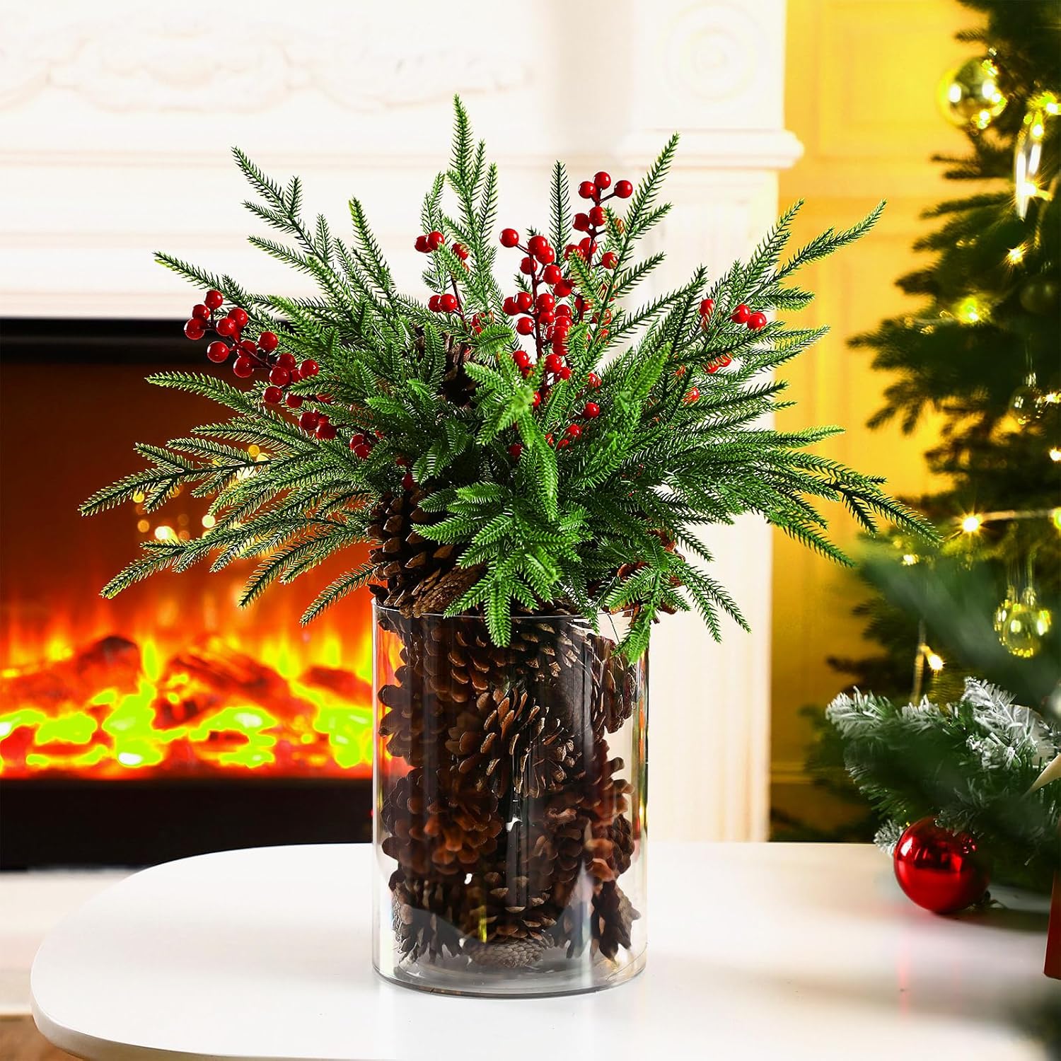 Shappy 42 Pcs Christmas Table Centerpieces DIY Farmhouse Christmas Centerpieces for Dining Table 6 Norfolk Pine Branches 30 Pine Cones 5 Red Berry Stems 1 Glass Vase for Kitchen Tabletop Decorations