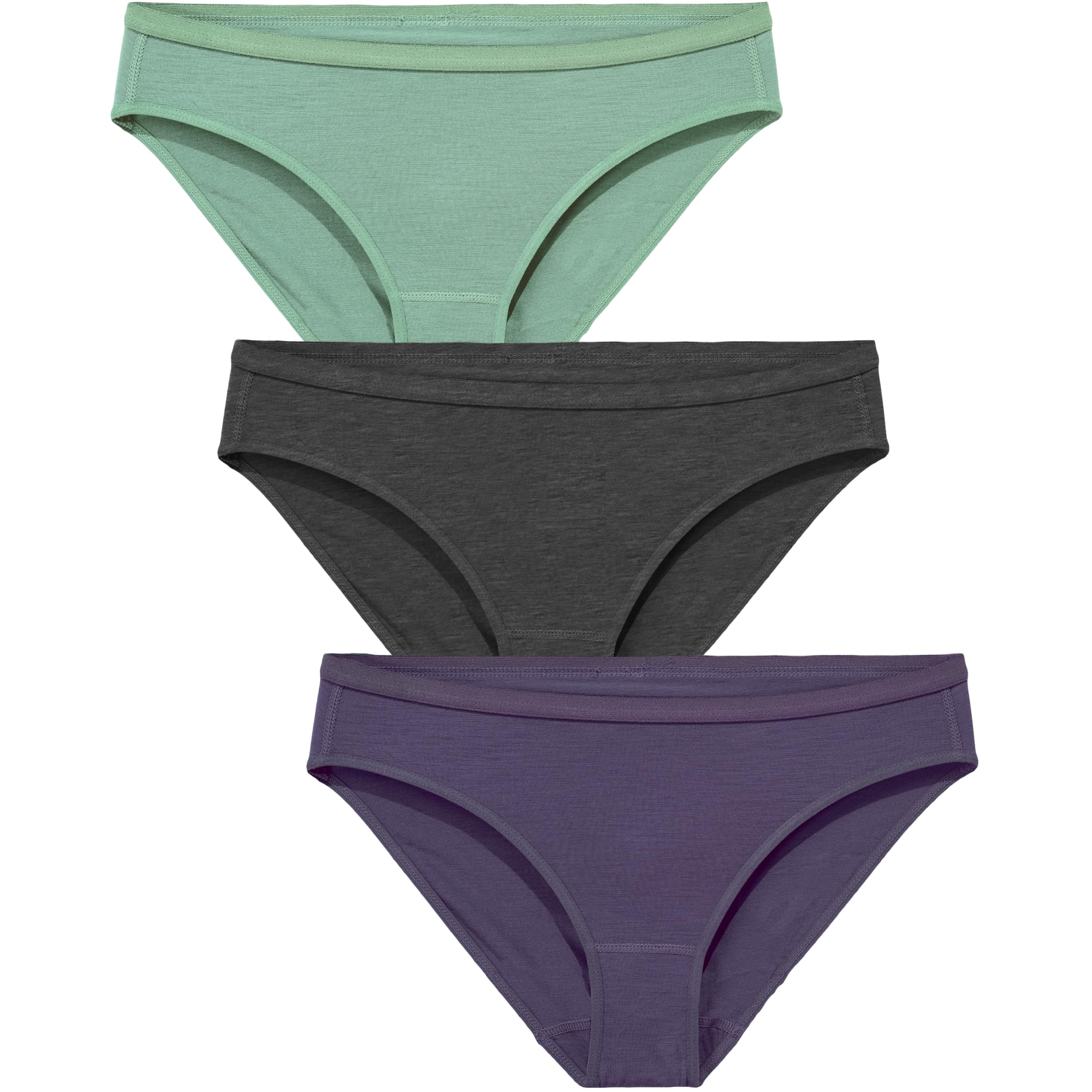 Women's Merino Wool Bikini By Woolly | RWS Certified | Soft, Breathable, Seattle Designed, Charcoal, Fir, Plum Pack of 3, M