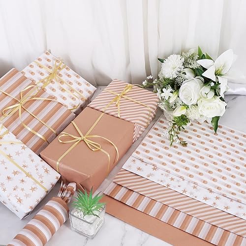 Miniatura 5 de BEISHIDA 100 hojas de papel de seda de oro rosa y blanco a granel, papel de seda de rayas de sarga con puntos de oro rosa para bolsas de regalo,