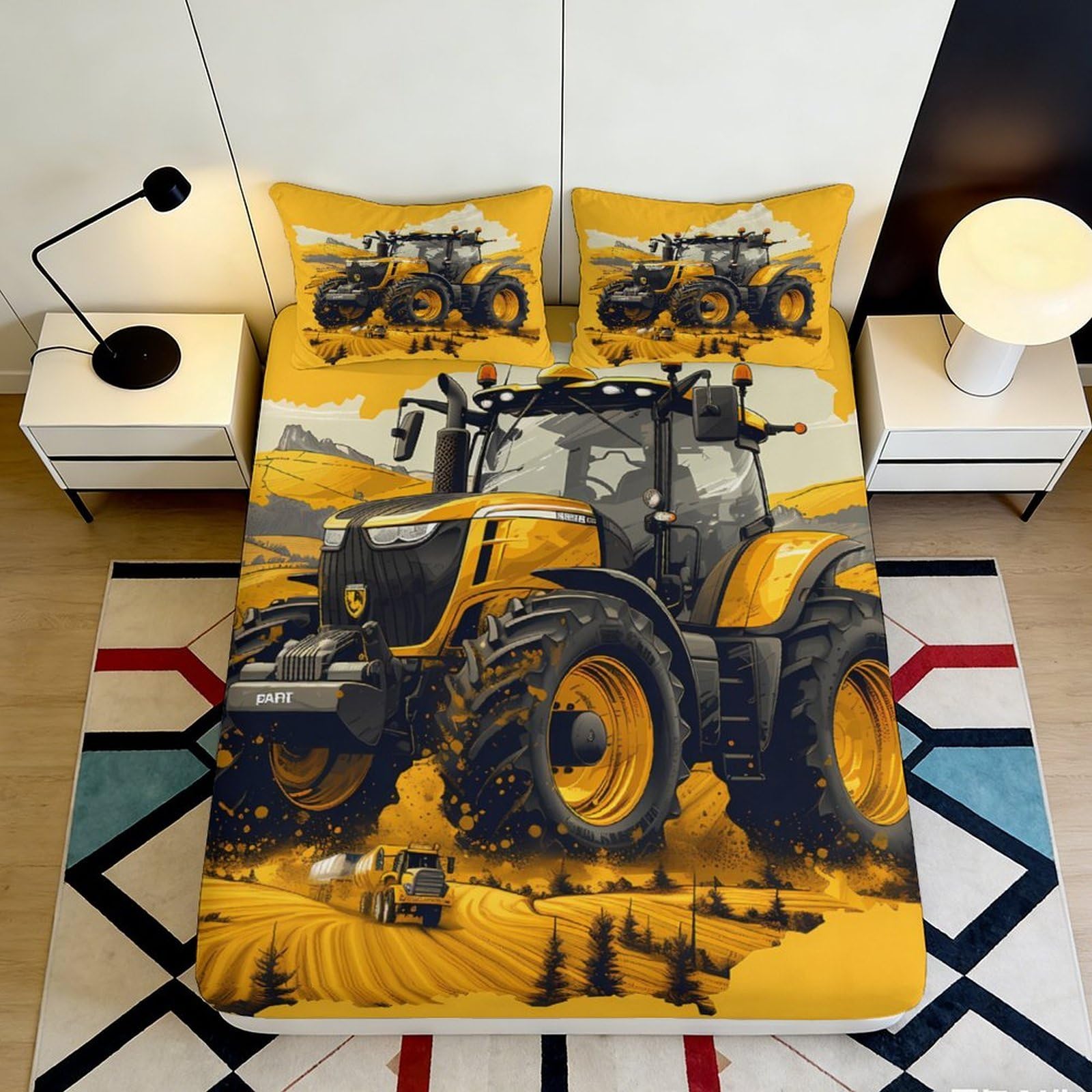 Pnayamiorkfel Style-4 3D Printed Yellow Tractor Fitted Sheet Microfiber Farm Machinery Bed Cover Anti-Slip Washable For Bedroom Decor 90X200x25cm