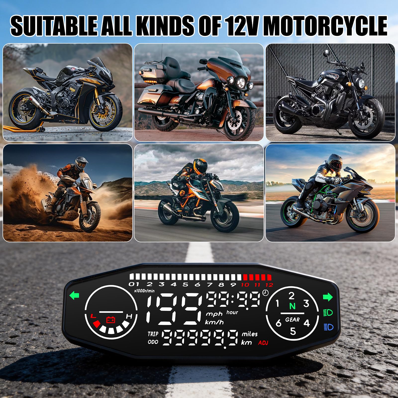 Compteur de Vitesse Numérique Universel pour Moto, Compteur de Kilomètres avec Capteur Tachymètre Numérique avec Écran LCD Odomètre, Jauge de Vitesse pour 1 2 4 Cylindres